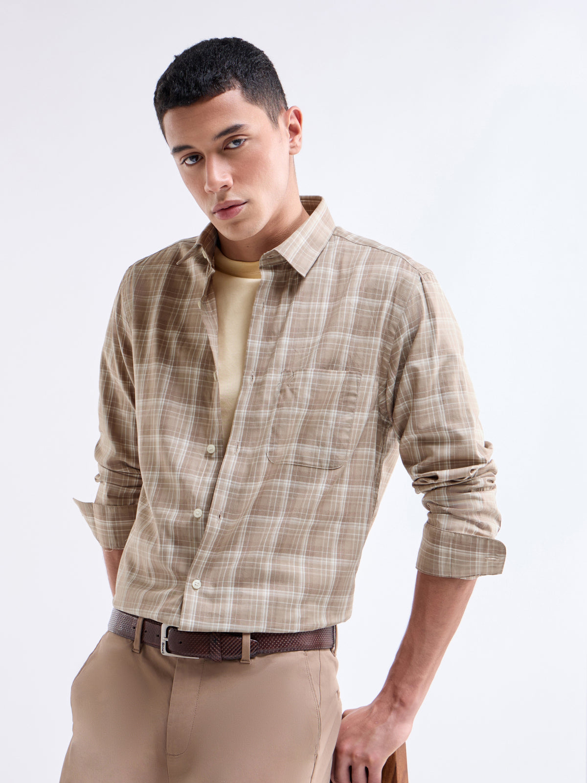 Khaki Melange check Regular Fit Shirt - Khaki Mel t4option_0