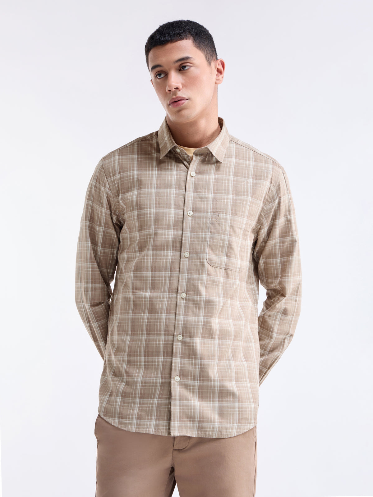 Khaki Melange check Regular Fit Shirt - Khaki Mel t4option_0