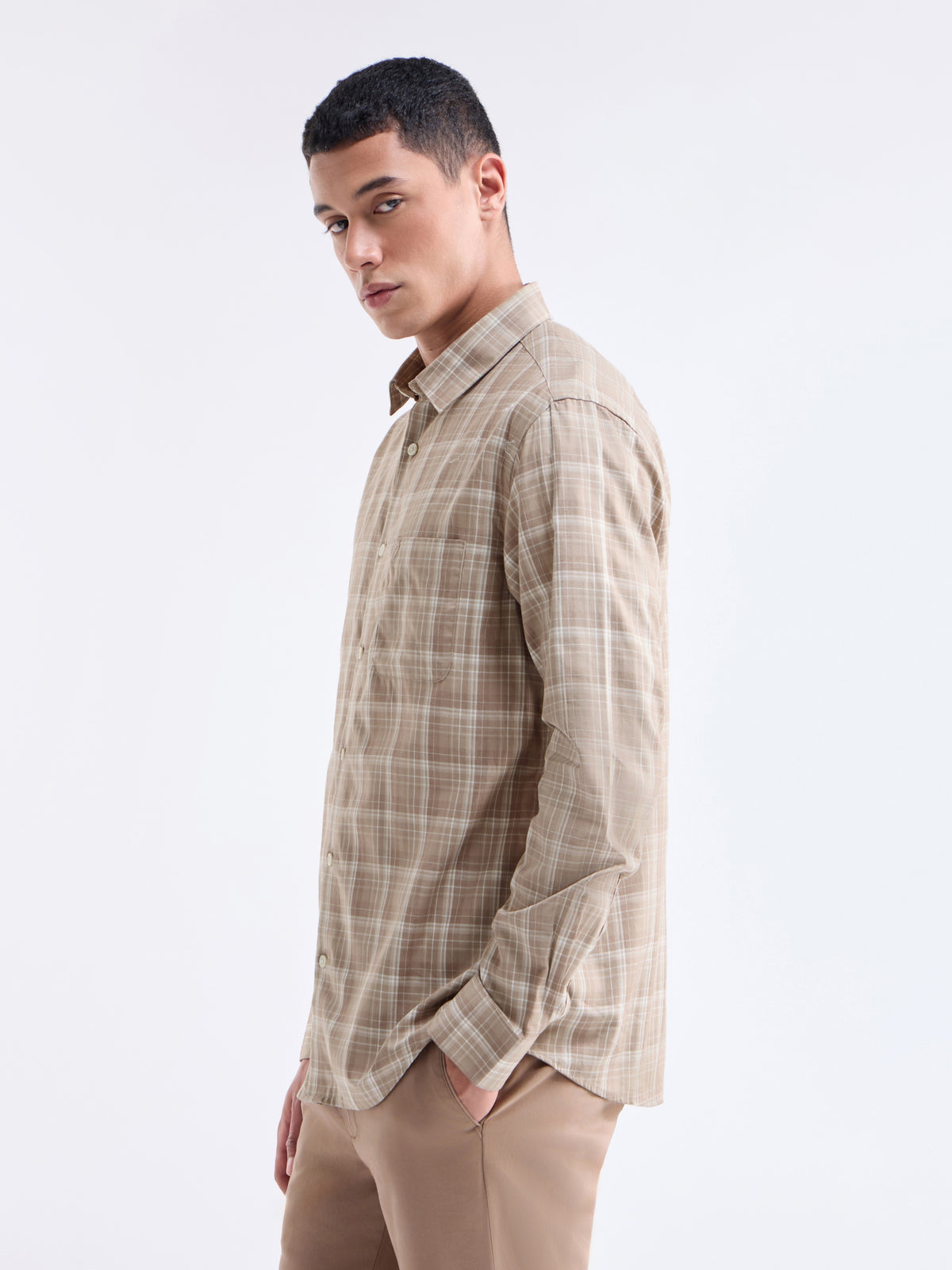Khaki Melange check Regular Fit Shirt - Khaki Mel t4option_0