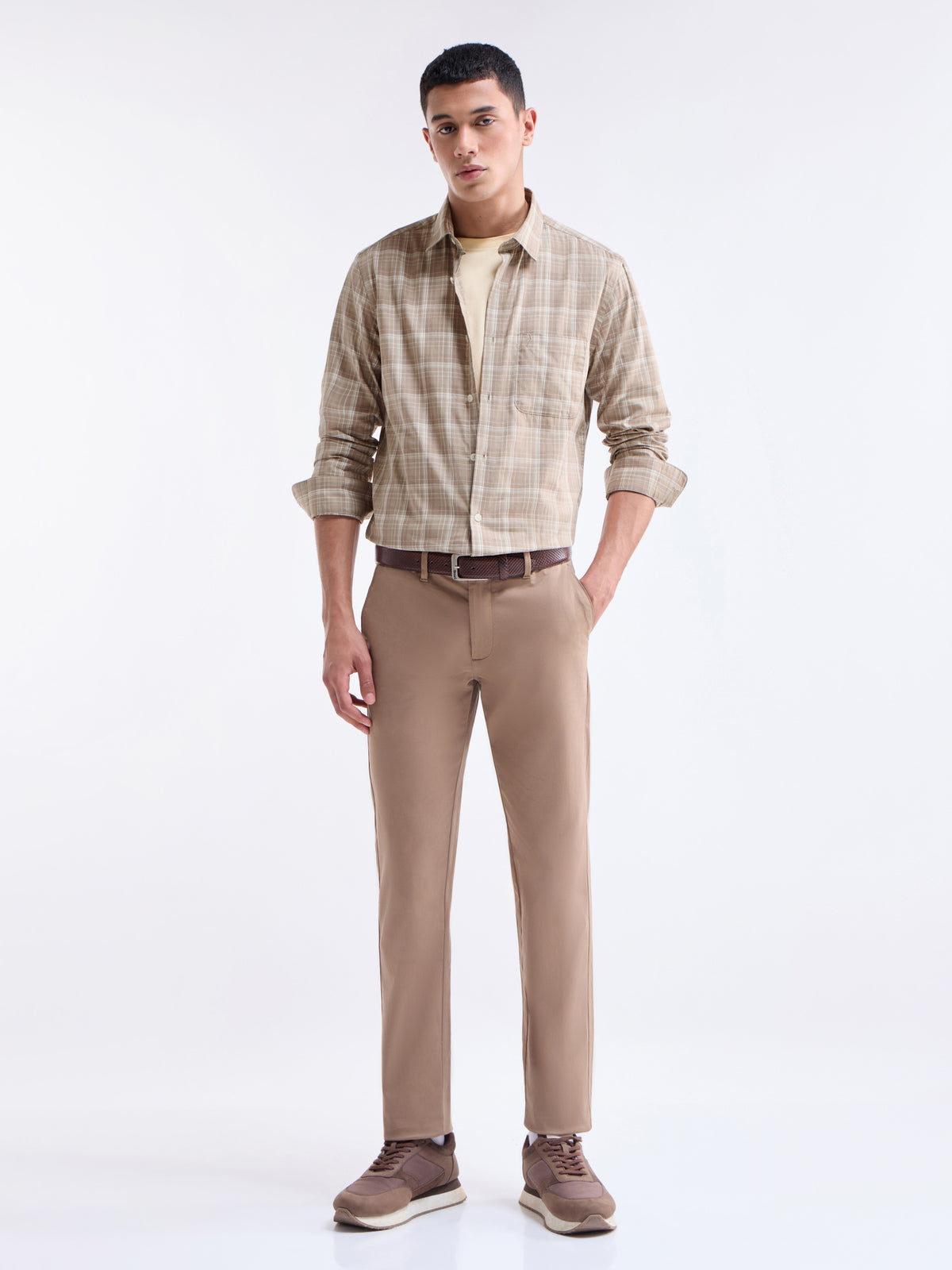Khaki Melange check Regular Fit Shirt - Khaki Mel t4option_0