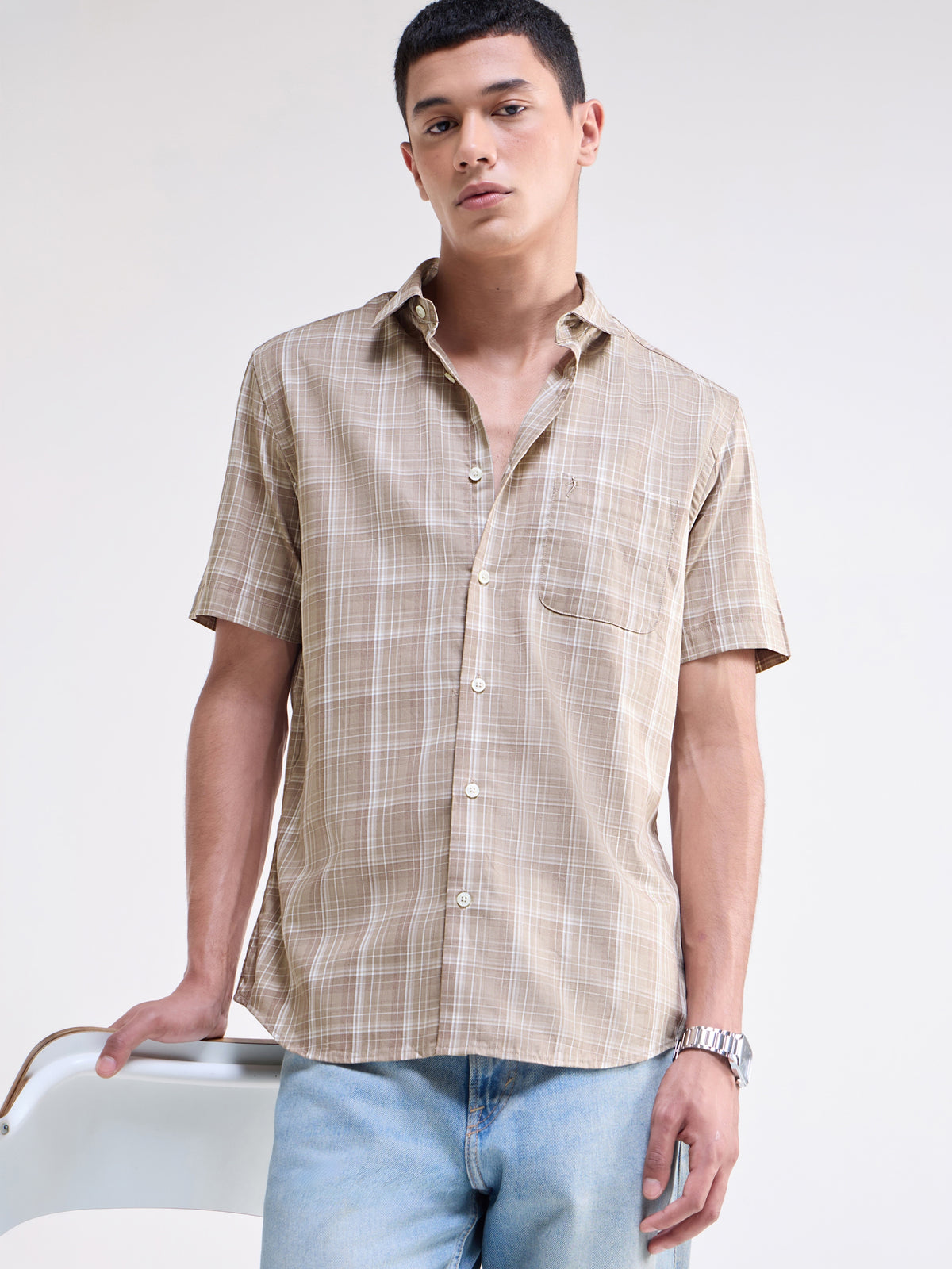 Khaki Melange check Regular Fit Shirt - Khaki Mel t4option_0