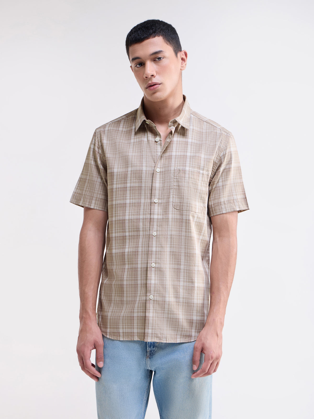 Khaki Melange check Regular Fit Shirt - Khaki Mel t4option_0
