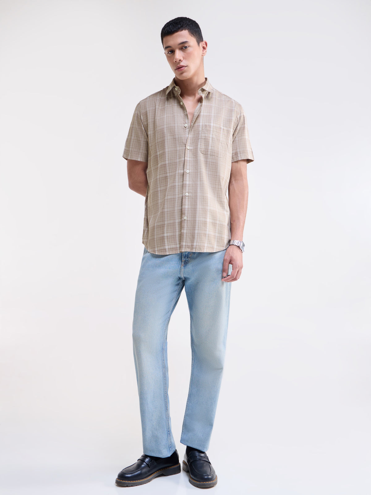 Khaki Melange check Regular Fit Shirt - Khaki Mel t4option_0
