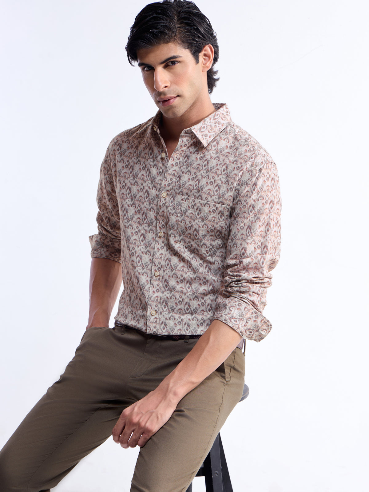 Khaki Printed Regular Fit Shirt - Khaki t4option_0