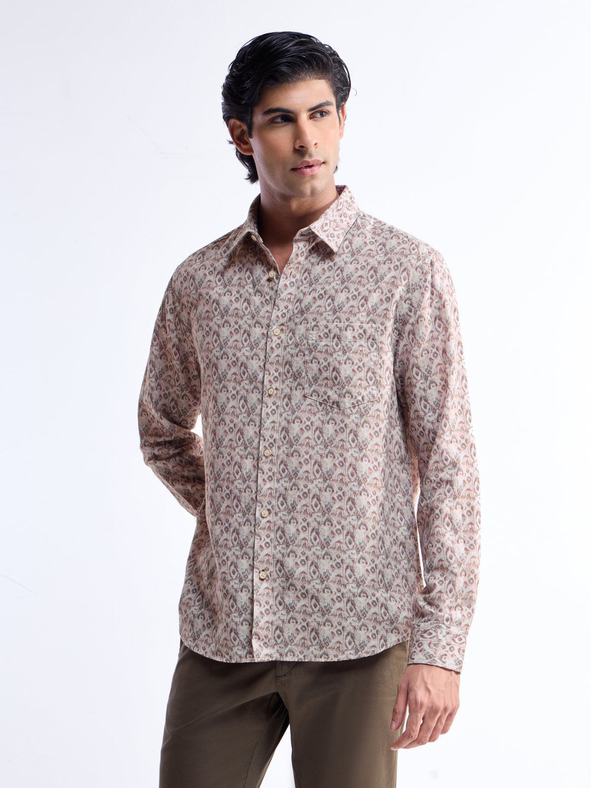Khaki Printed Regular Fit Shirt - Khaki t4option_0