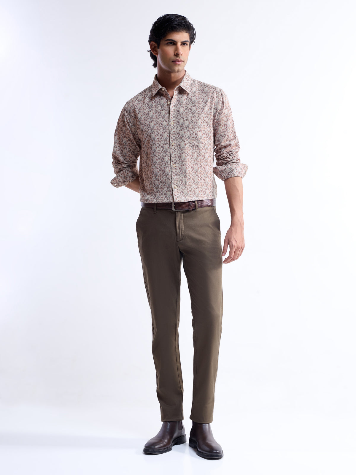 Khaki Printed Regular Fit Shirt - Khaki t4option_0