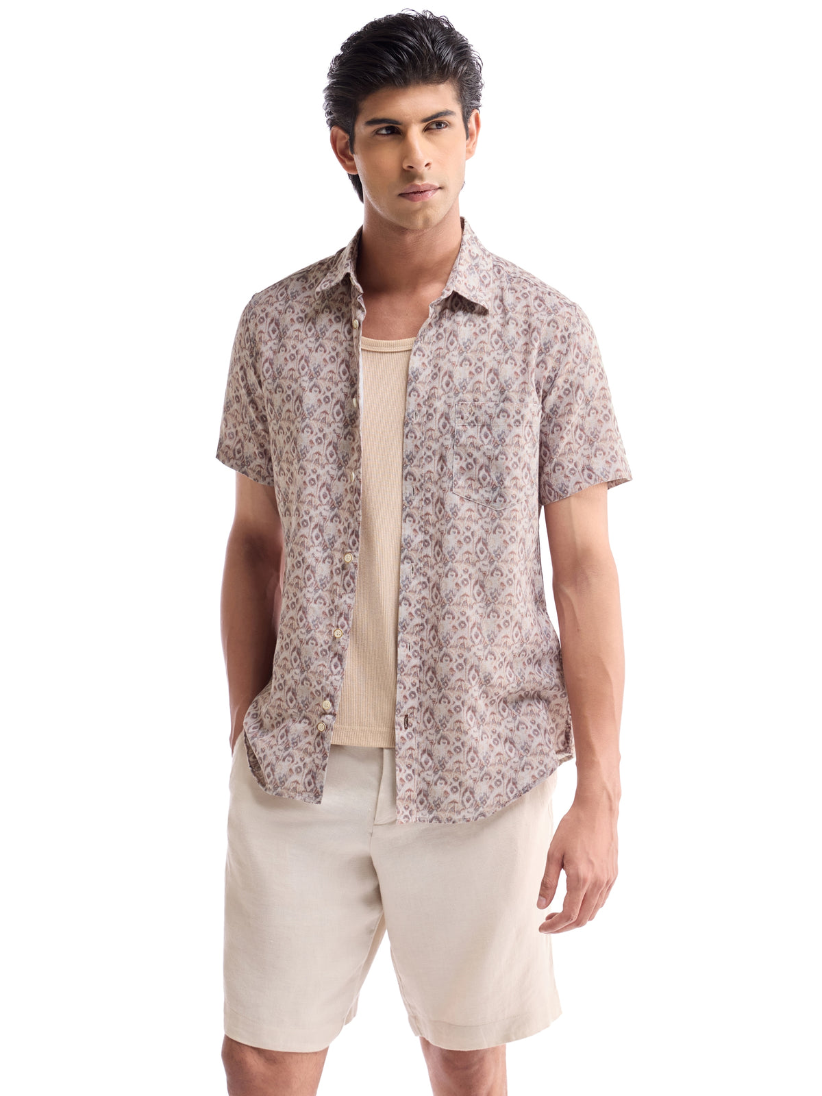 Khaki Printed Regular Fit Shirt - Khaki t4option_0