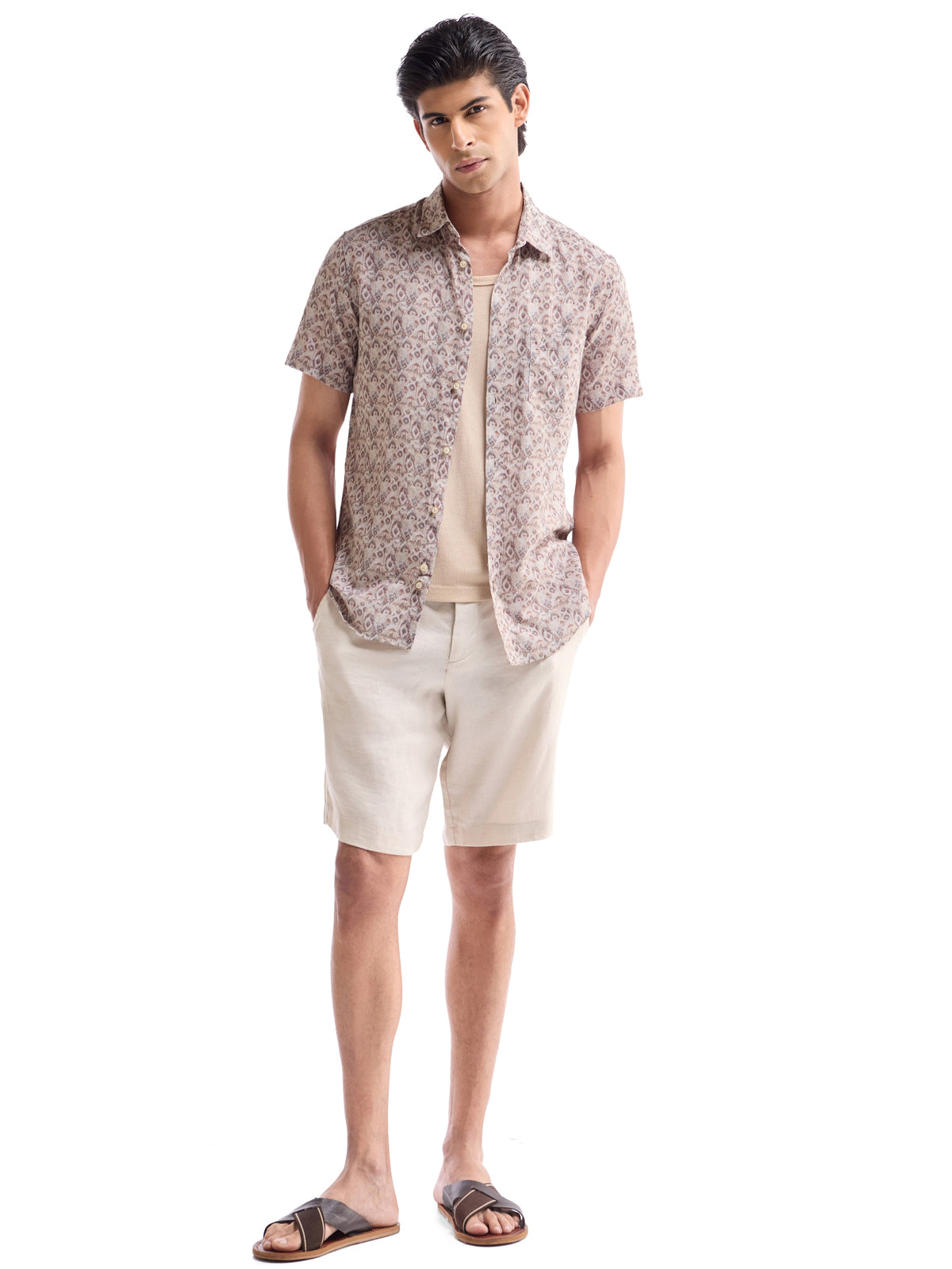 Khaki Printed Regular Fit Shirt - Khaki t4option_0
