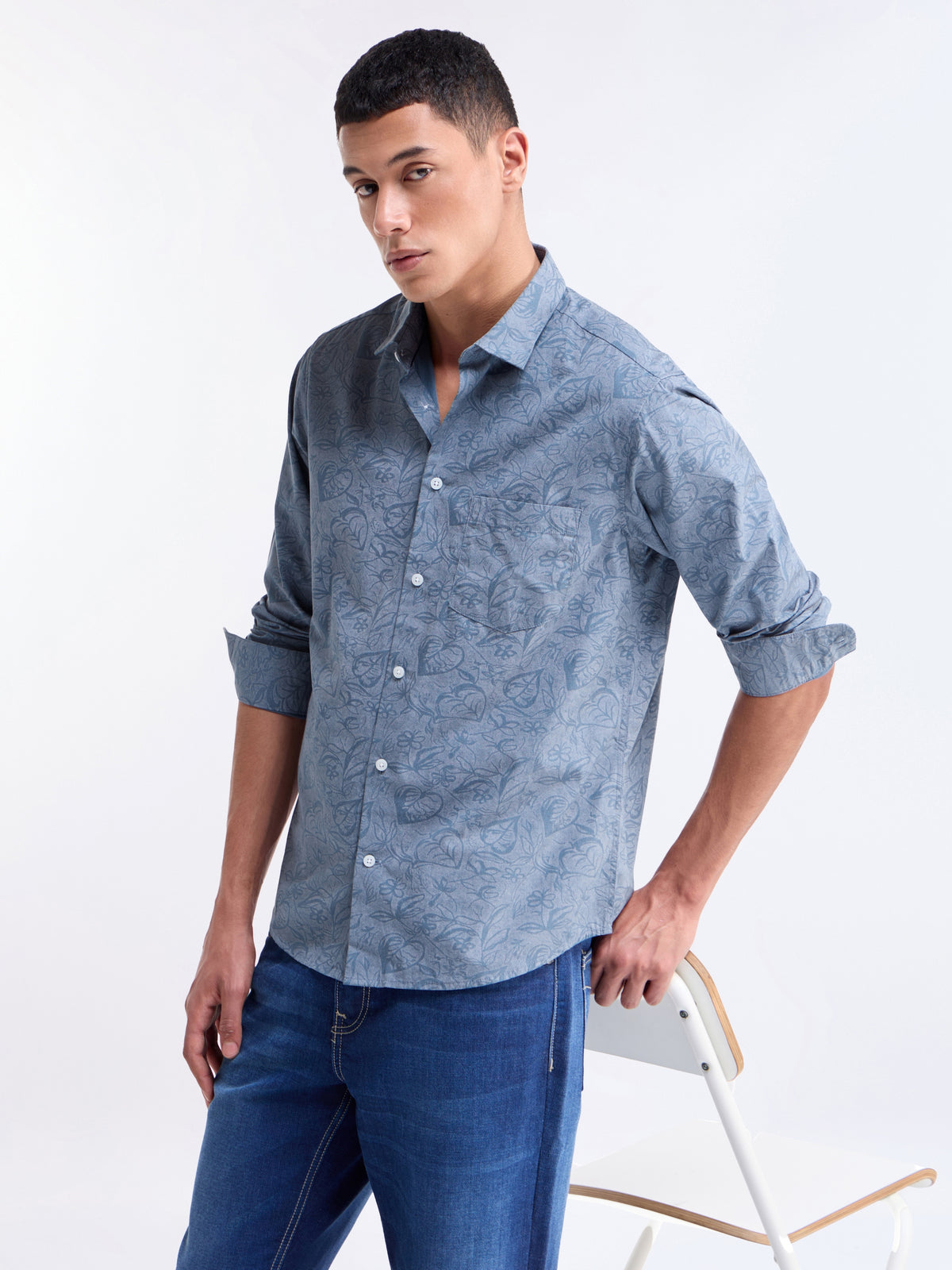 Blue Printed Regular Fit Shirt - Blue t4option_0