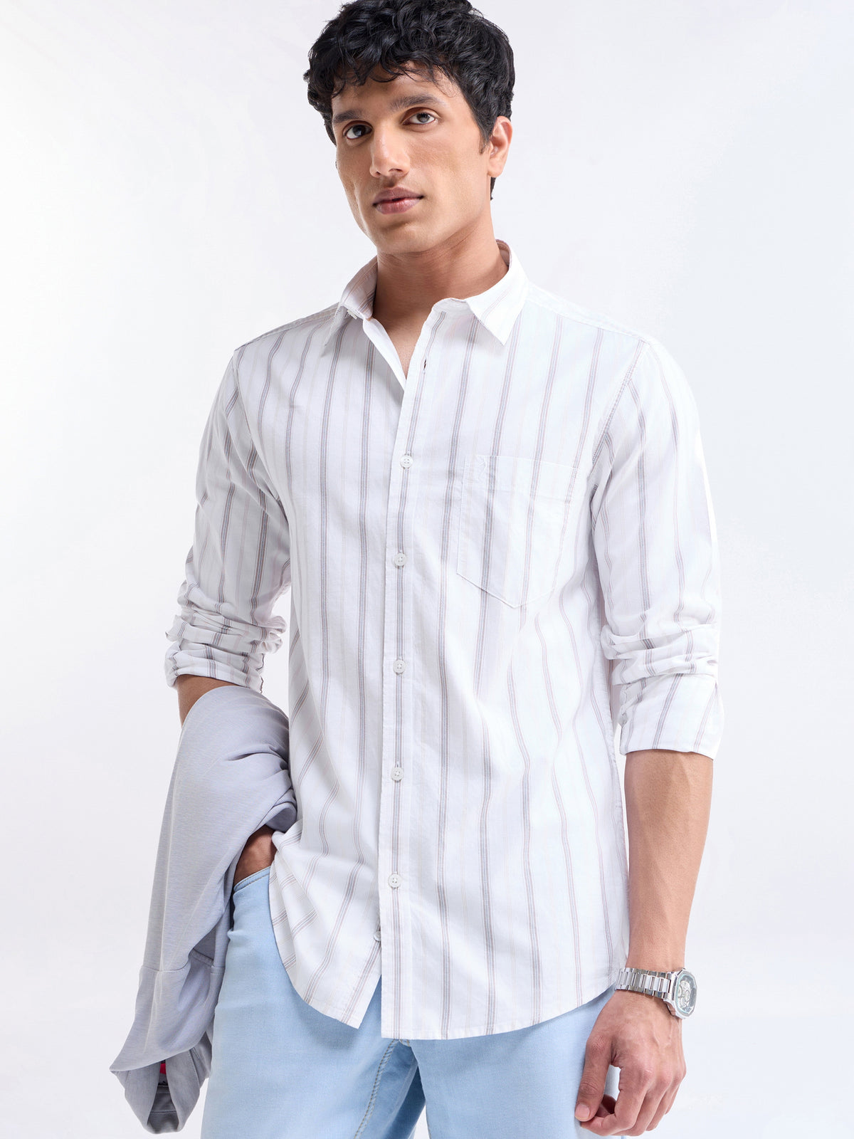 Striped Full Sleeve Cotton Shirt - Khaki t4option_0