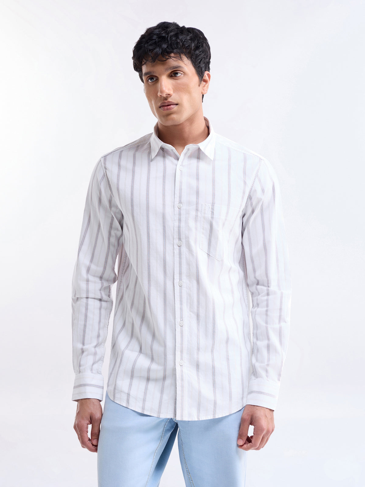 Striped Full Sleeve Cotton Shirt - Khaki t4option_0