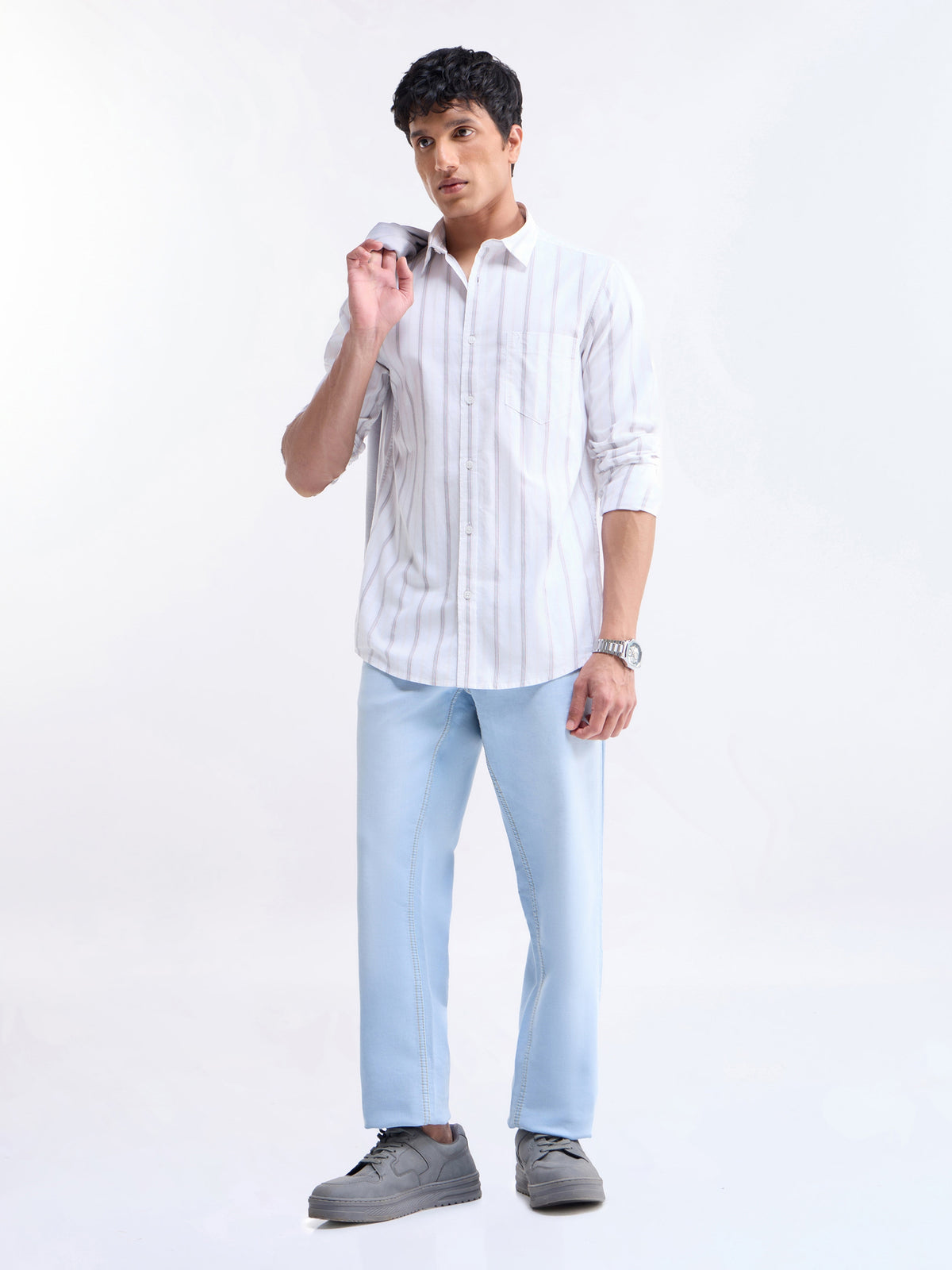 Striped Full Sleeve Cotton Shirt - Khaki t4option_0