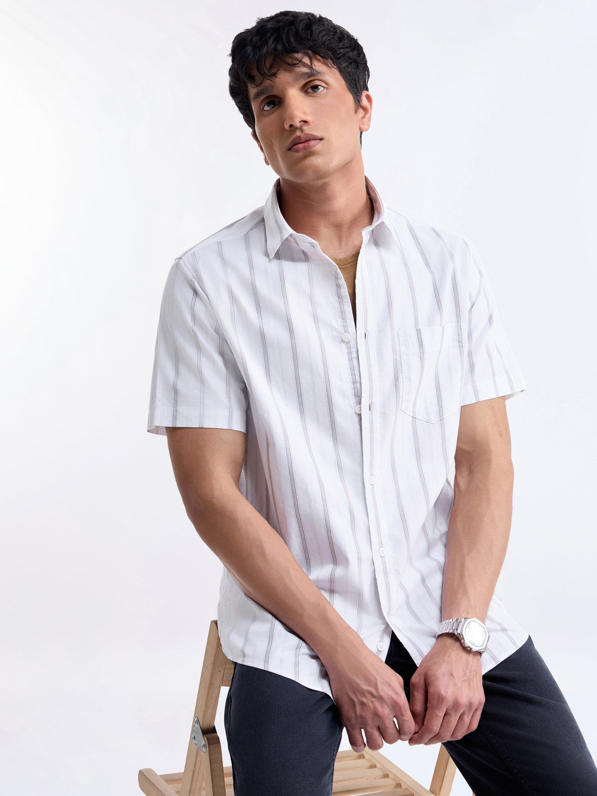 Striped Half Sleeve Cotton Shirt - Khaki t4option_0