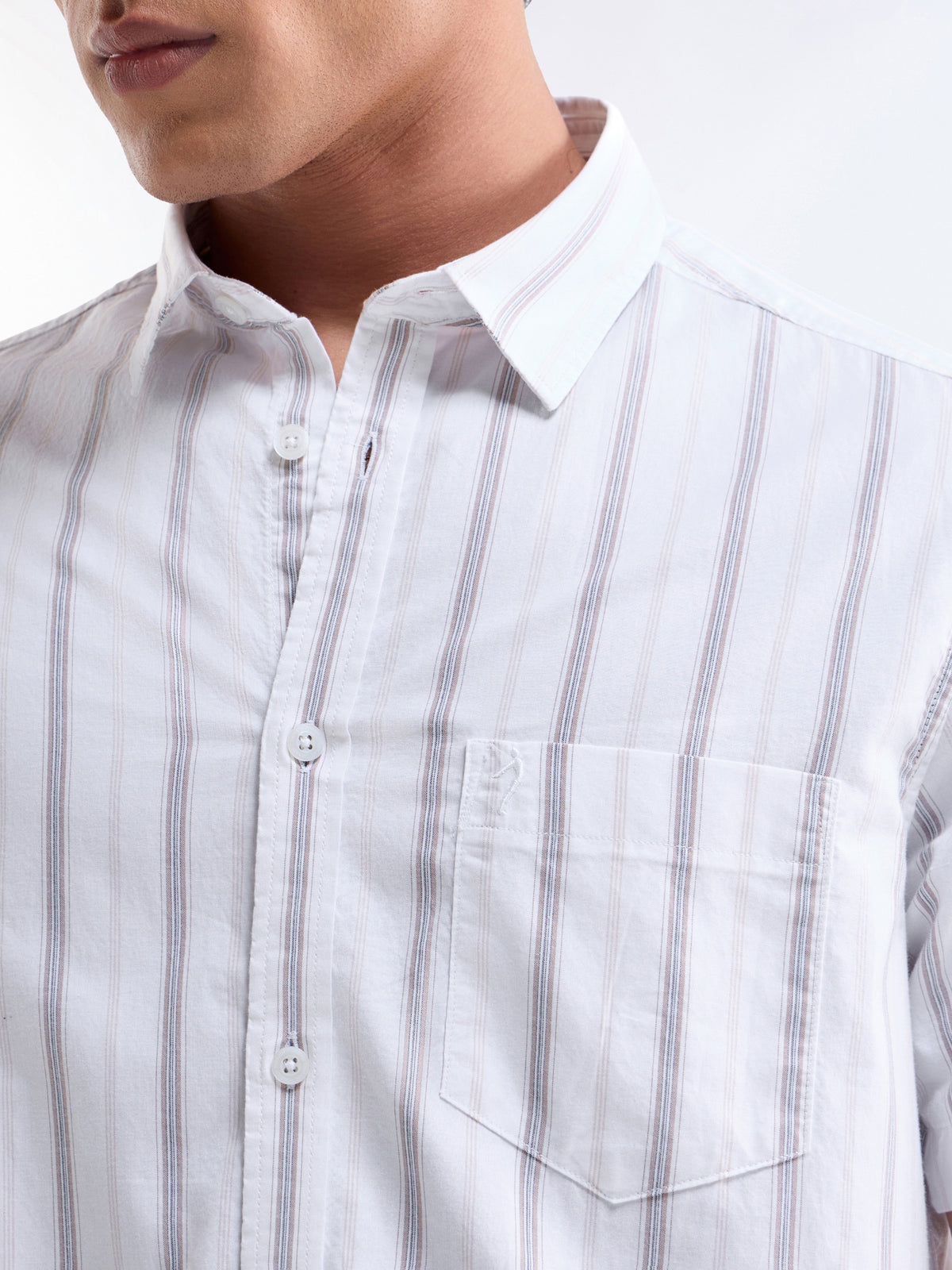 Striped Half Sleeve Cotton Shirt - Khaki t4option_0