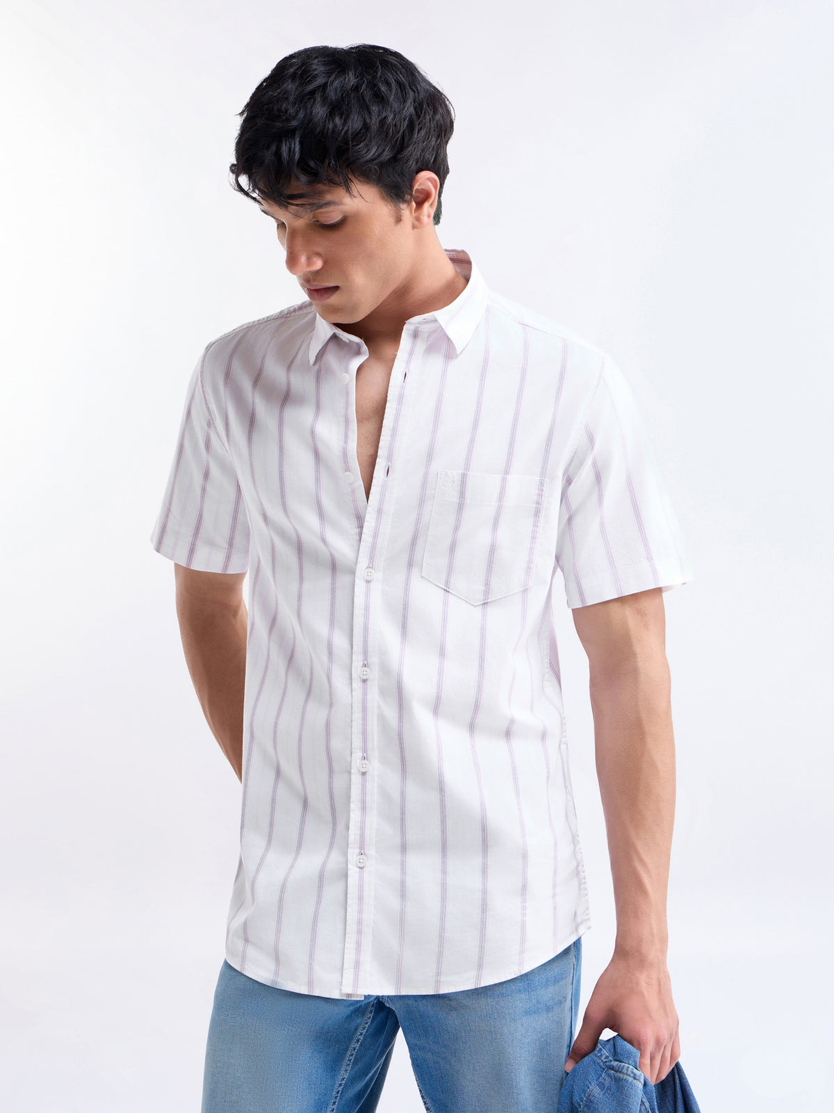 Striped Half Sleeve Cotton Shirt - Pink t4option_1