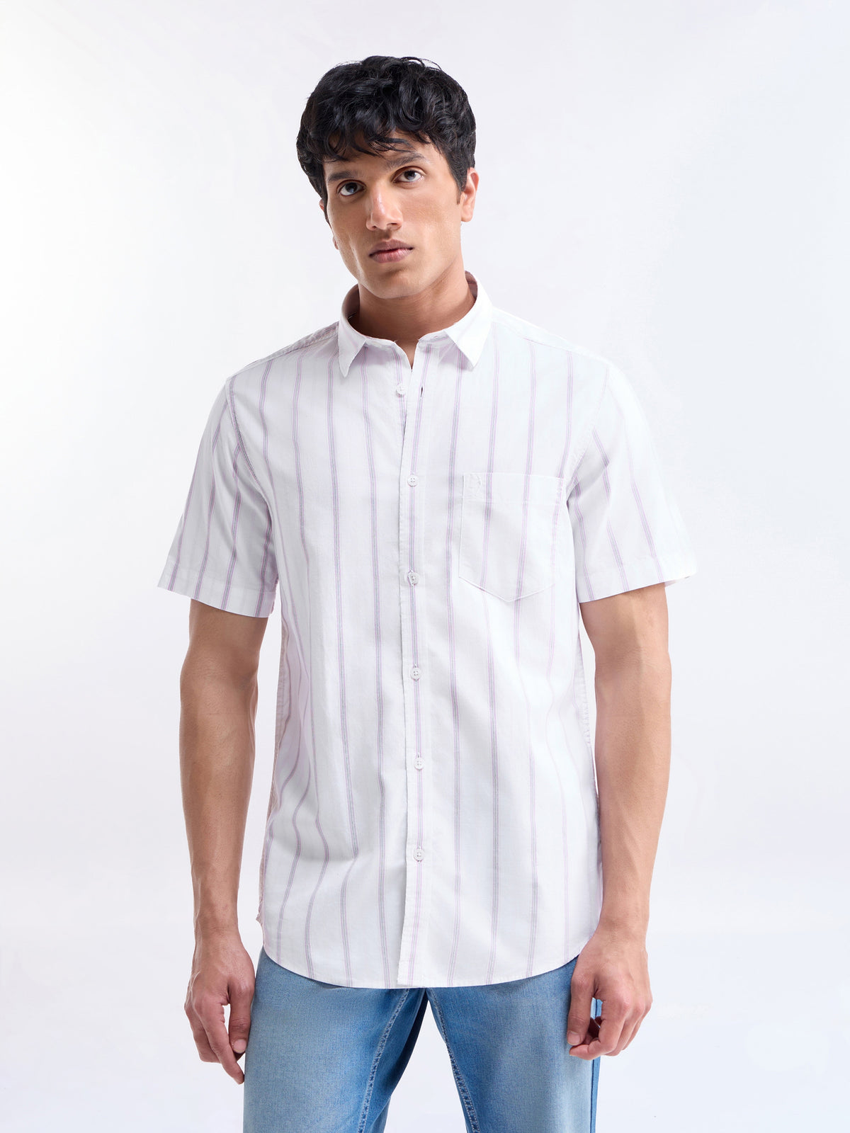 Striped Half Sleeve Cotton Shirt - Pink t4option_1