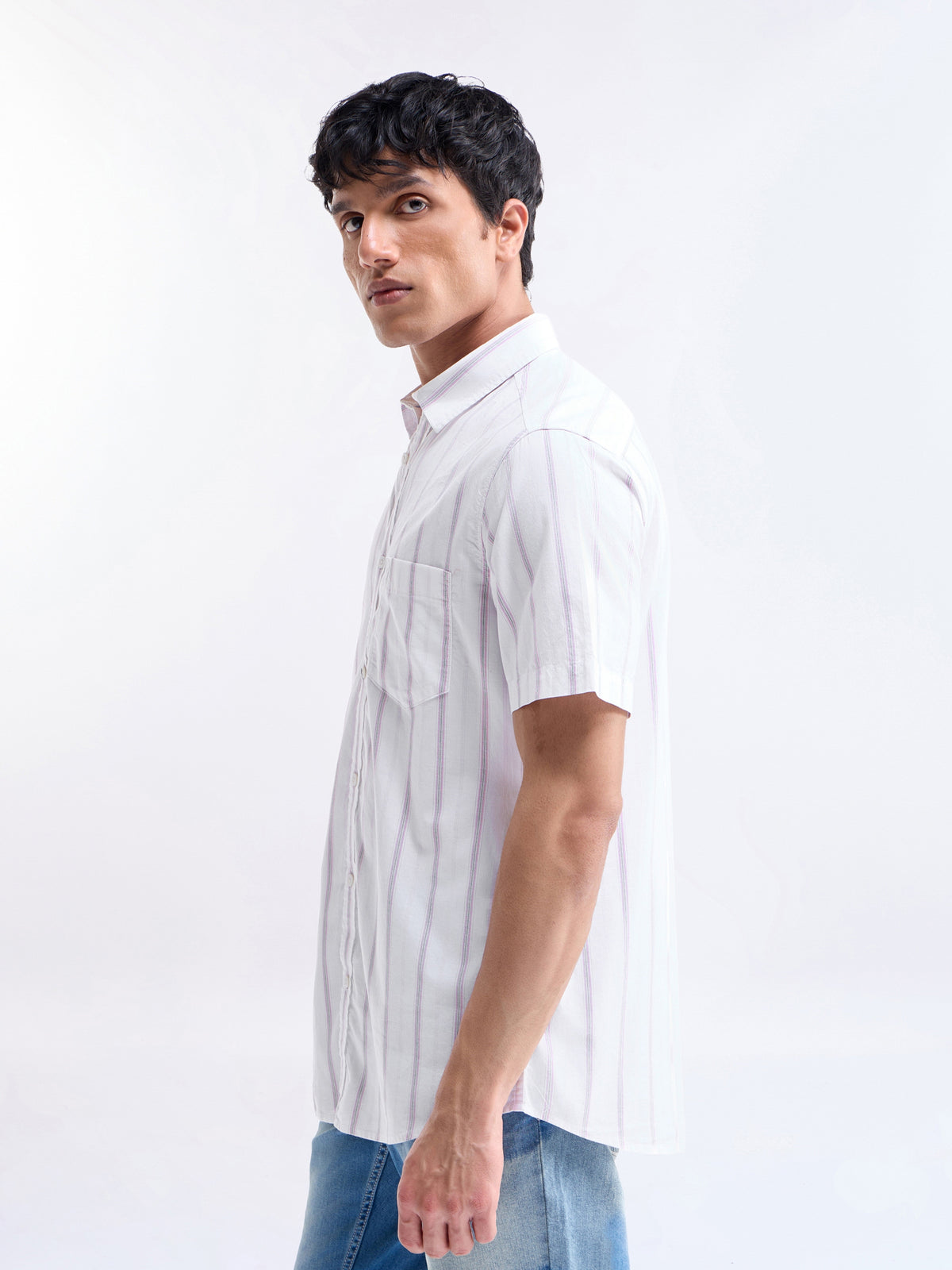 Striped Half Sleeve Cotton Shirt - Pink t4option_1