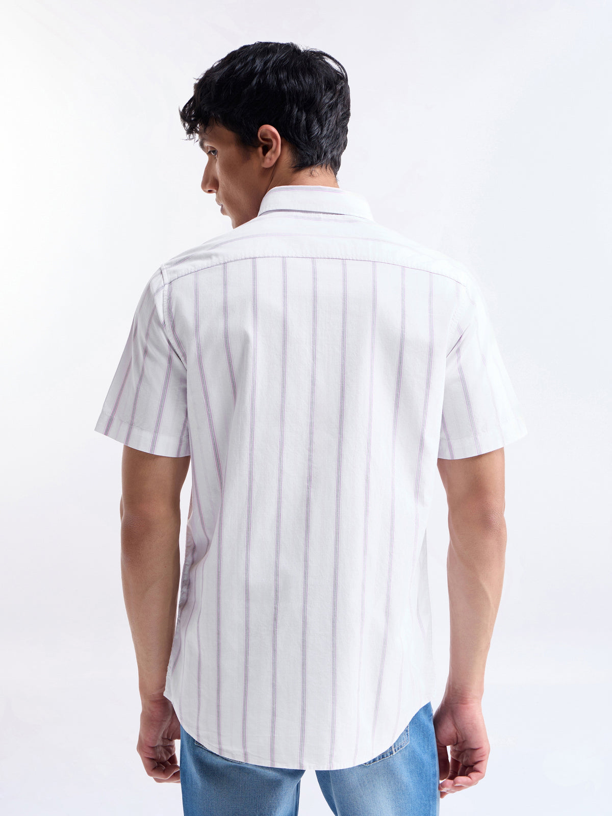 Striped Half Sleeve Cotton Shirt - Pink t4option_1