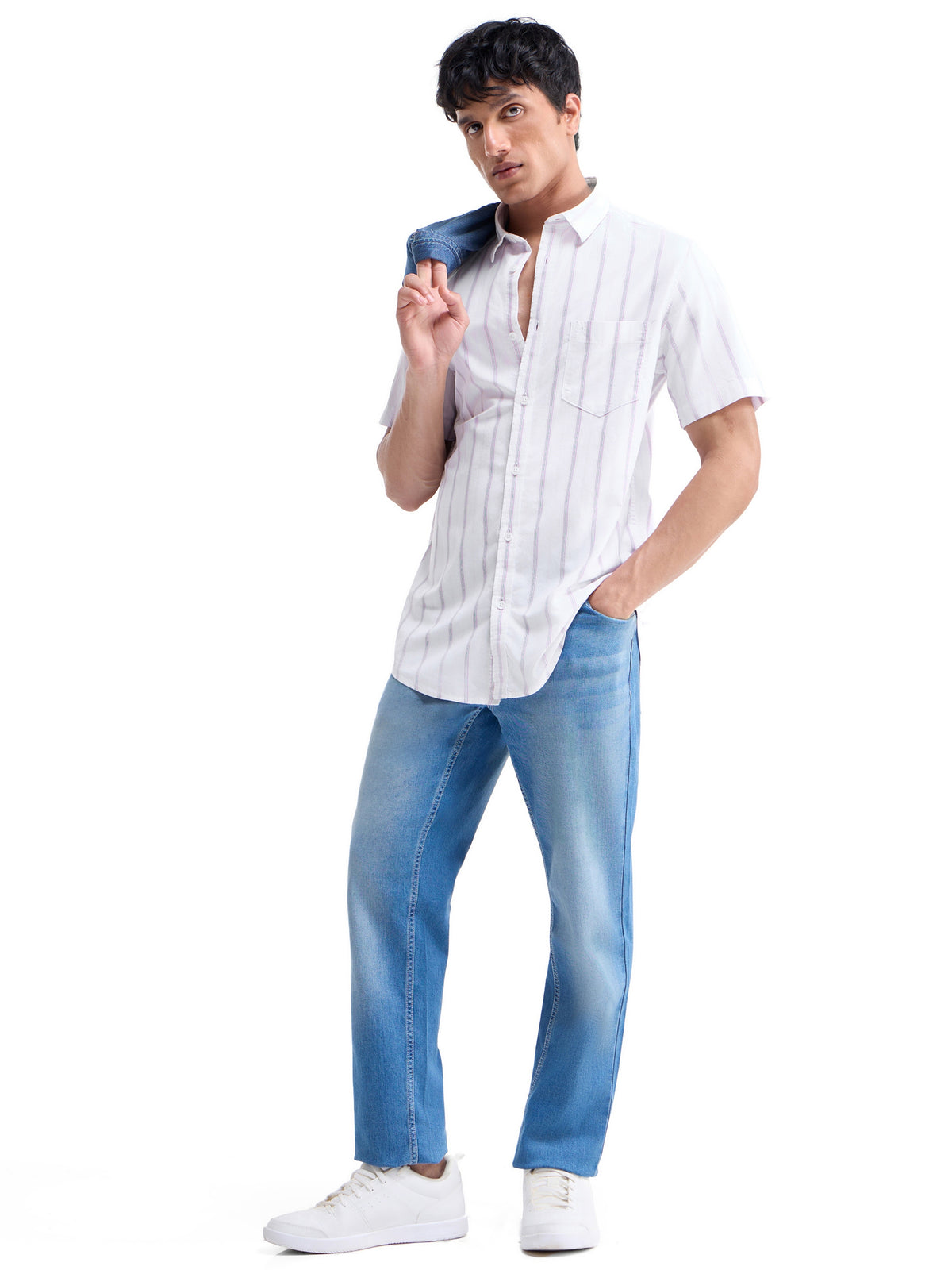 Striped Half Sleeve Cotton Shirt - Pink t4option_1