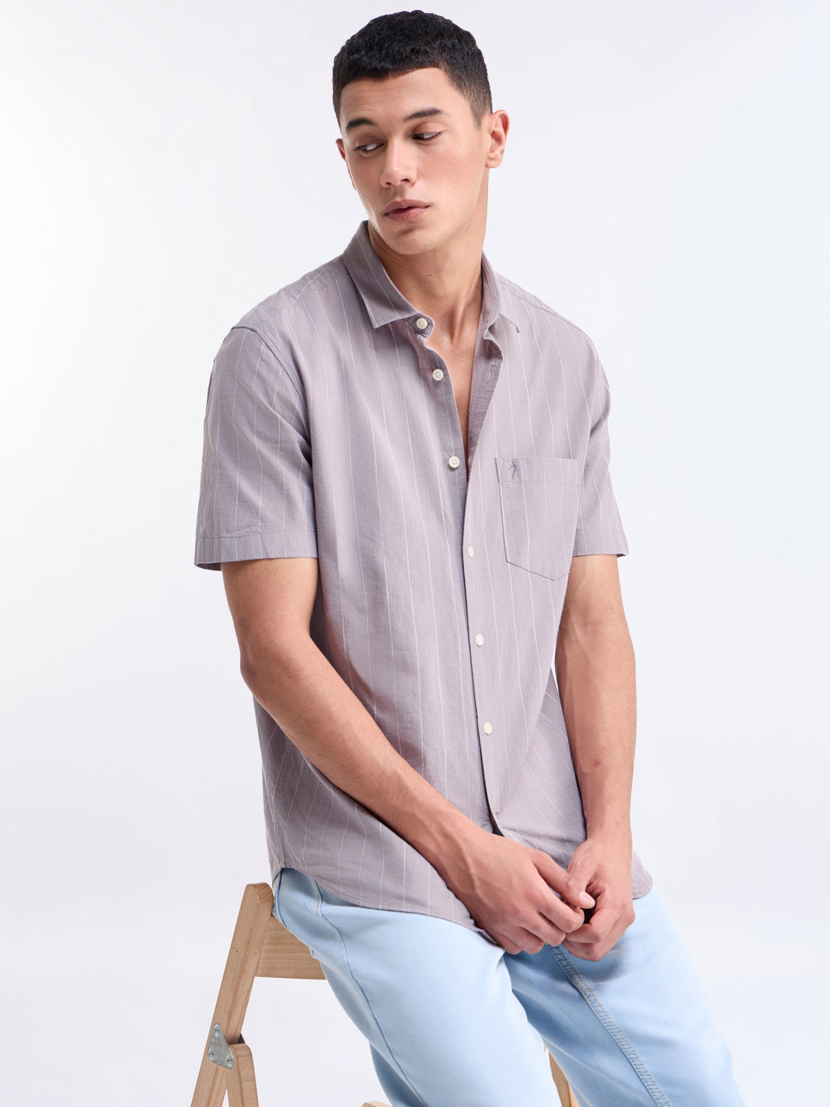 Striped Regular Fit Shirt - Mauve t4option_0