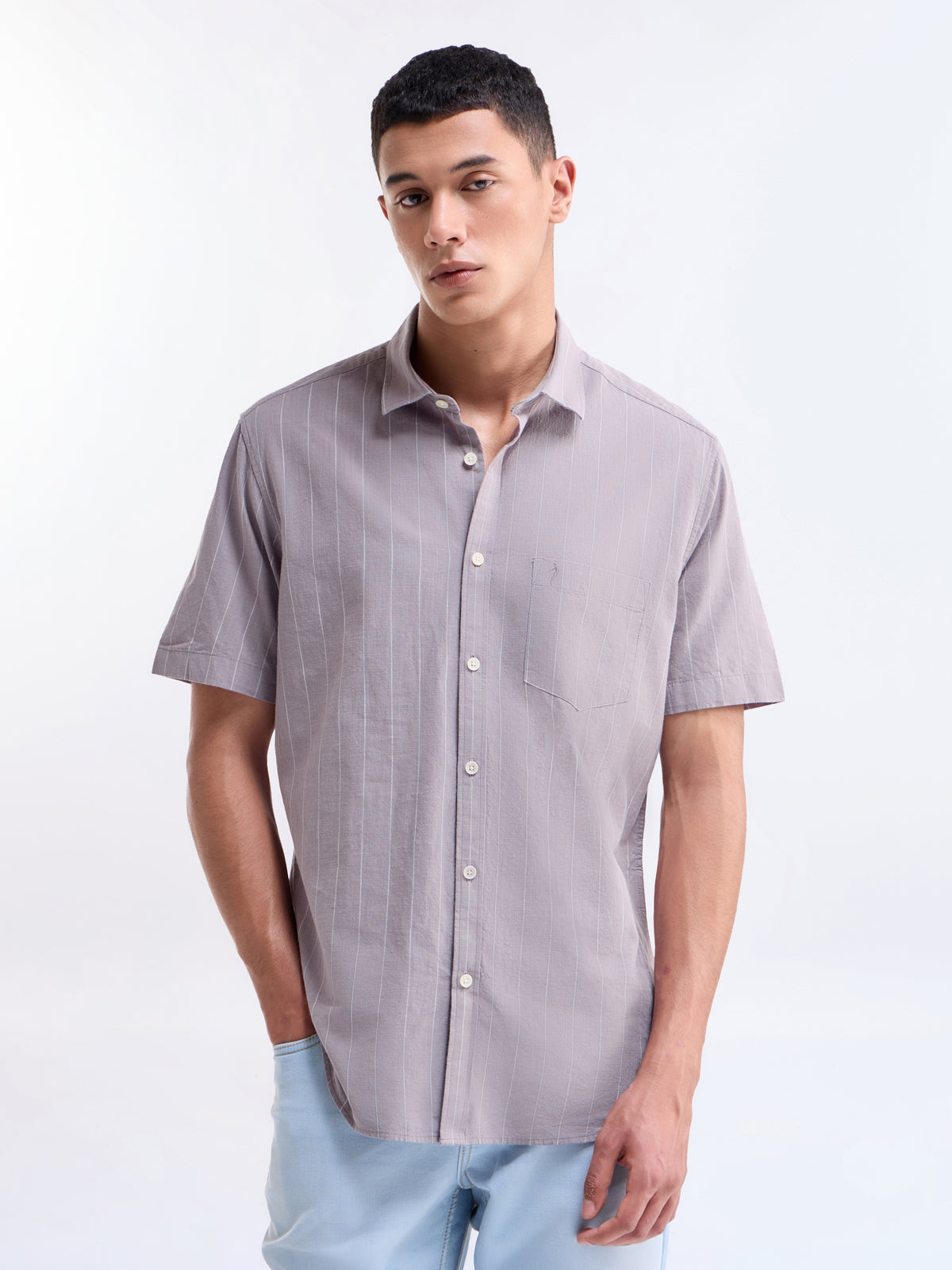 Striped Regular Fit Shirt - Mauve t4option_0