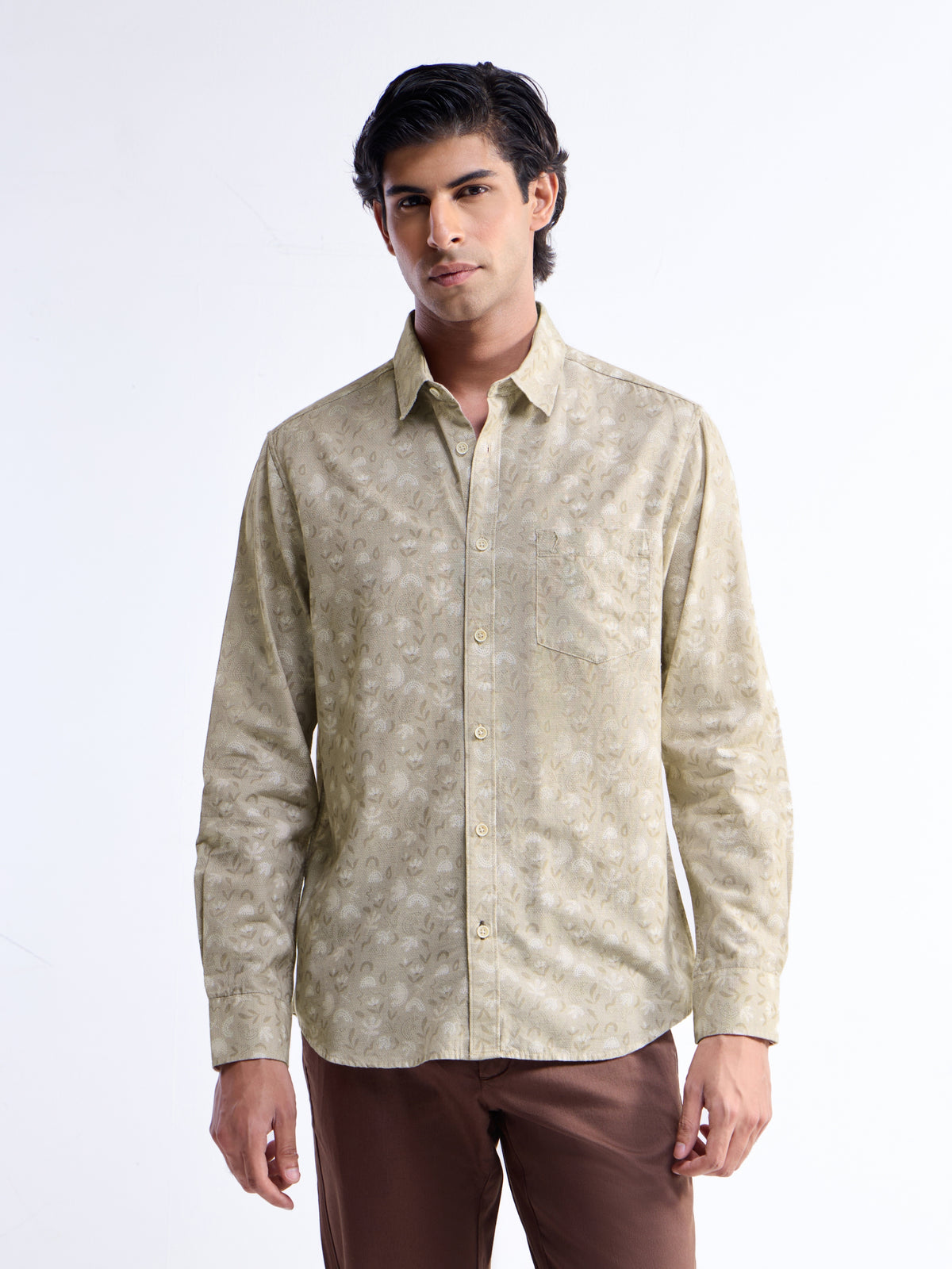 Khaki Printed Regular Fit Shirt - Khaki t4option_0