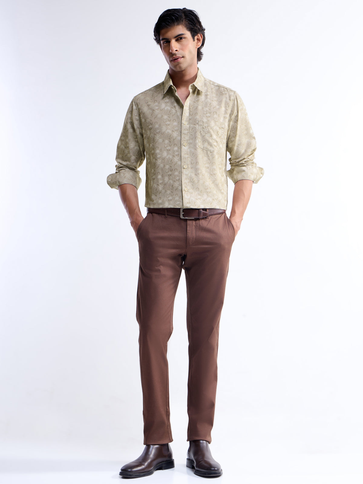 Khaki Printed Regular Fit Shirt - Khaki t4option_0