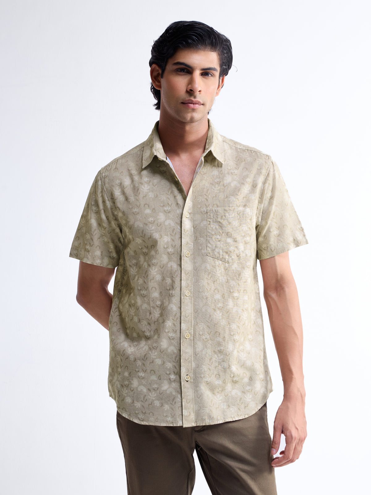 Khaki Printed Regular Fit Shirt - Khaki t4option_0
