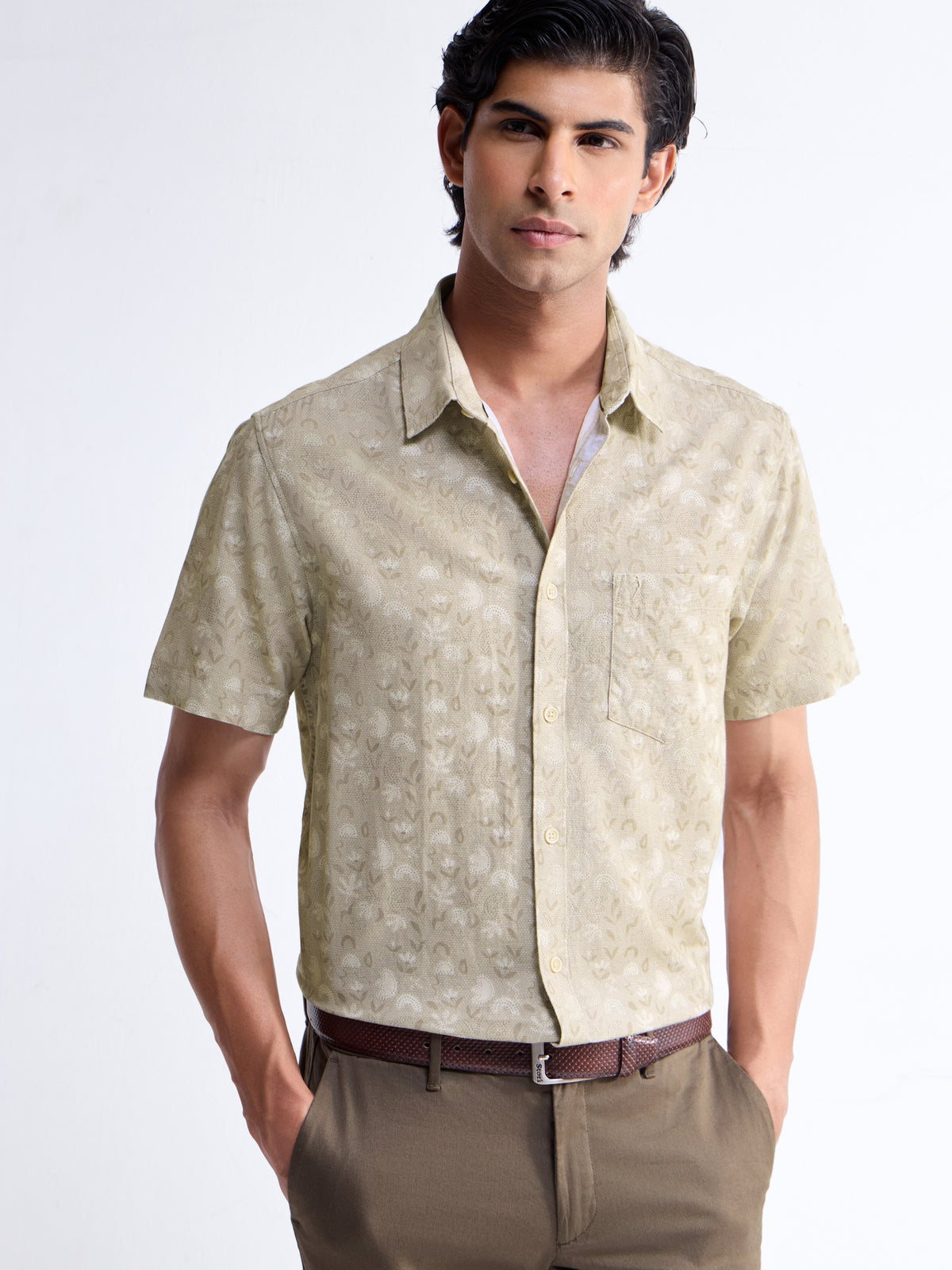 Khaki Printed Regular Fit Shirt - Khaki t4option_0