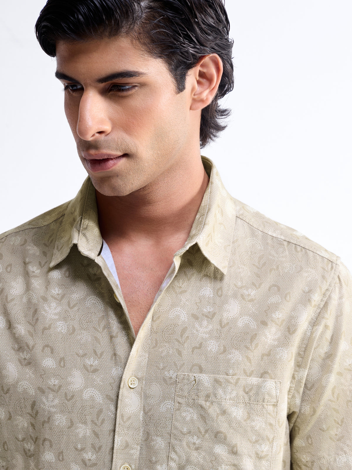 Khaki Printed Regular Fit Shirt - Khaki t4option_0