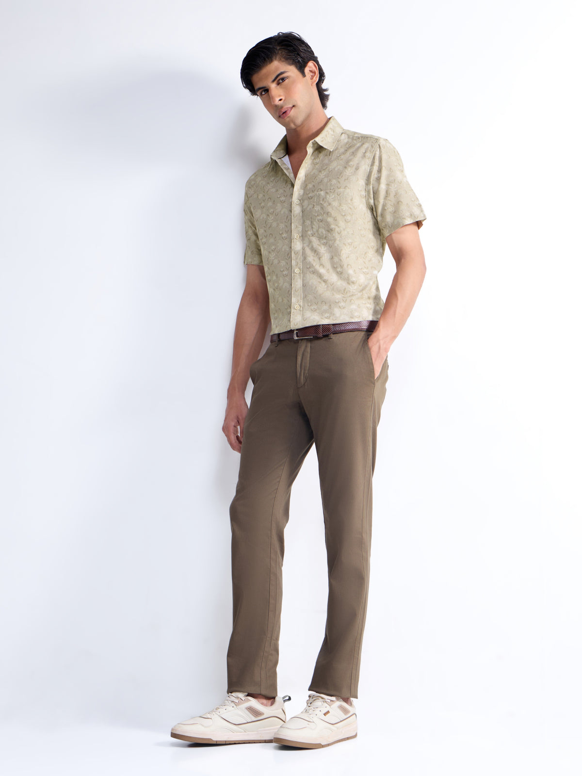 Khaki Printed Regular Fit Shirt - Khaki t4option_0