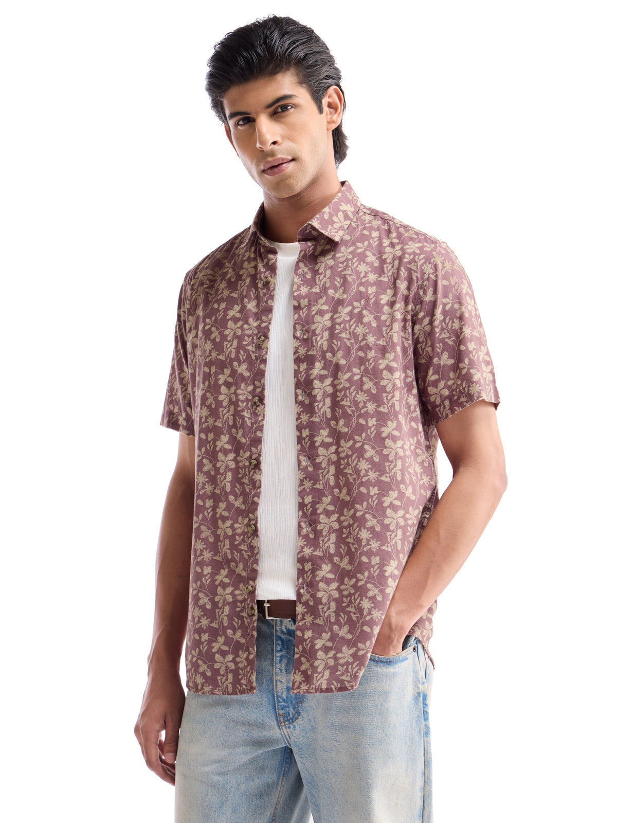 Mauve Printed Regular Fit Shirt - Mauve t4option_0