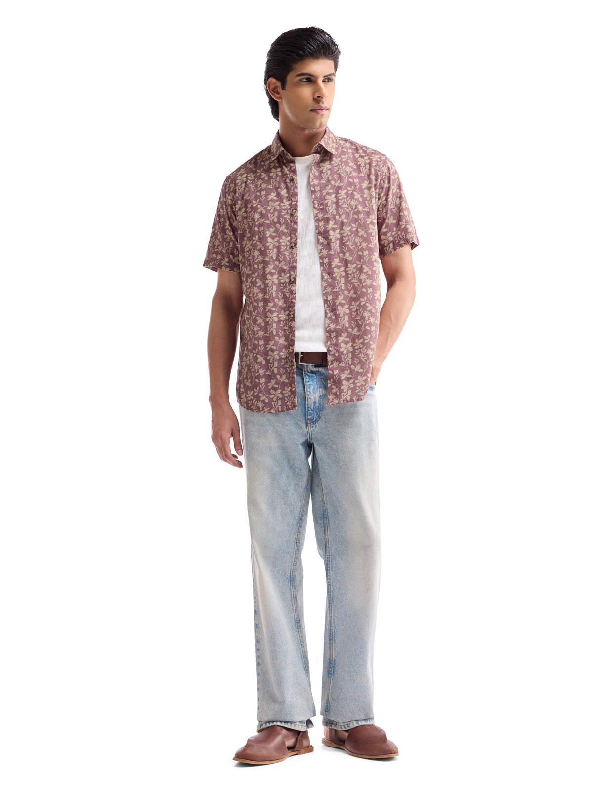 Mauve Printed Regular Fit Shirt - Mauve t4option_0