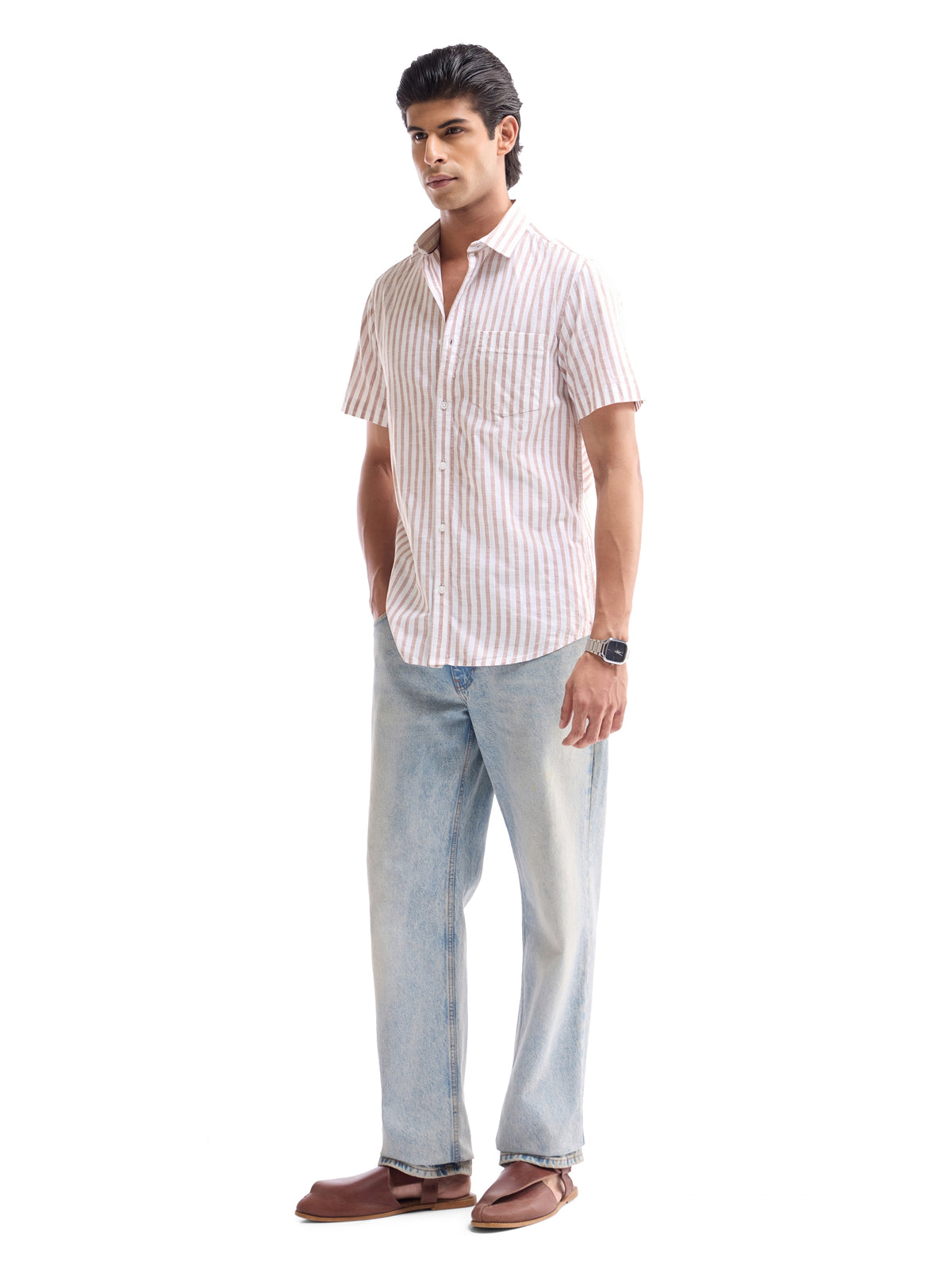 Striped Regular Fit Shirt - Orange t4option_0
