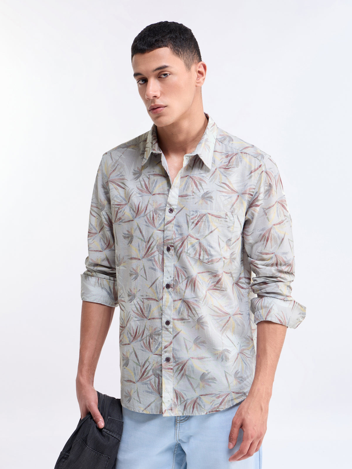 Light Grey Printed Regular Fit Shirt - Light Grey t4option_0