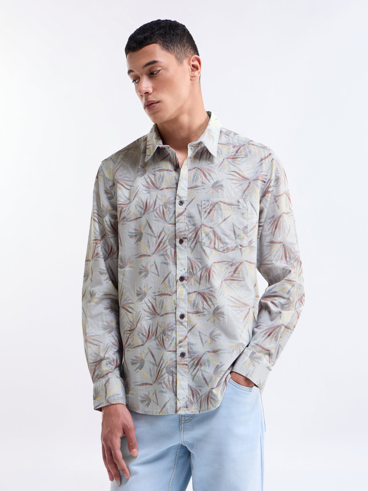 Light Grey Printed Regular Fit Shirt - Light Grey t4option_0