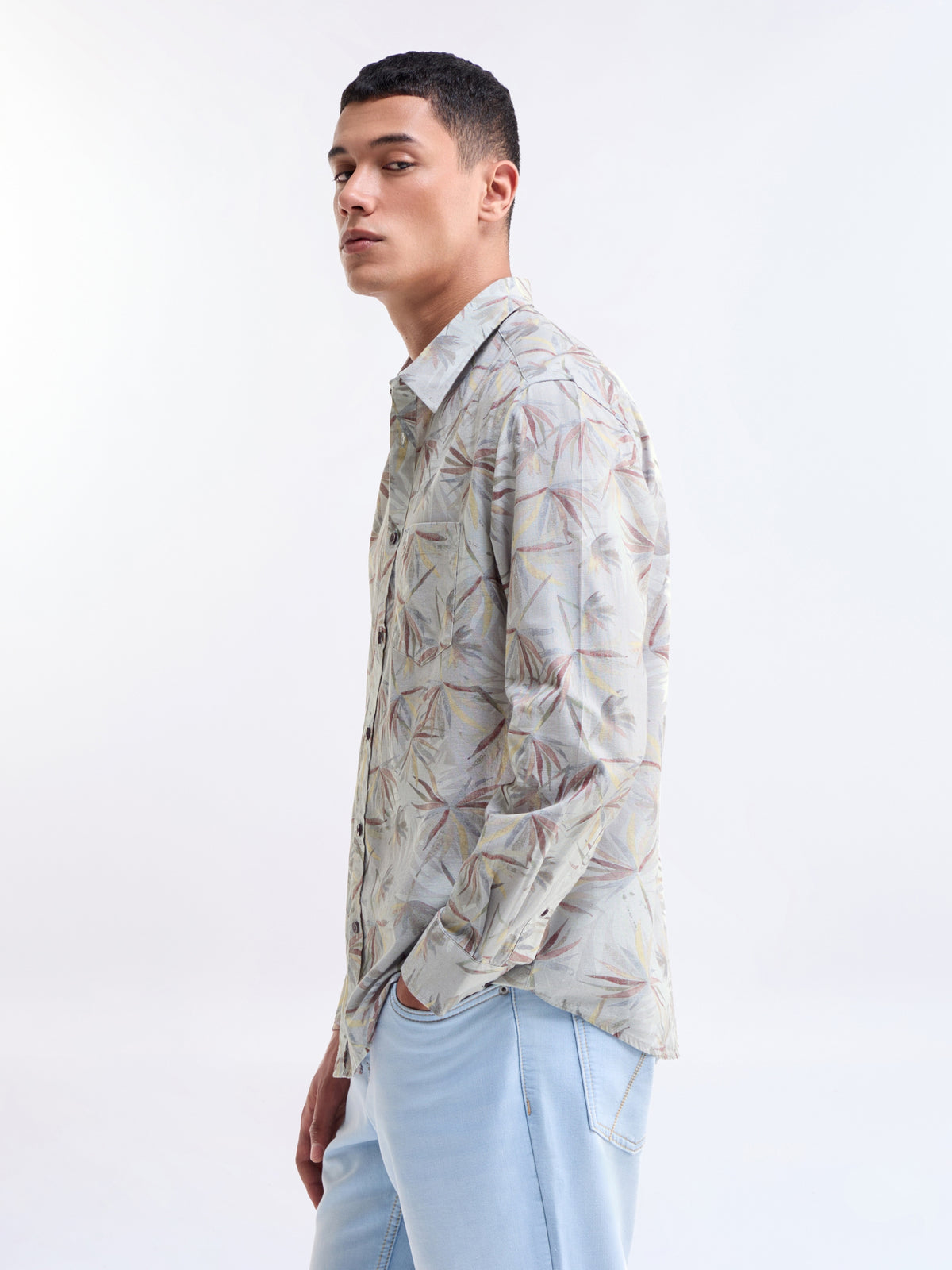 Light Grey Printed Regular Fit Shirt - Light Grey t4option_0