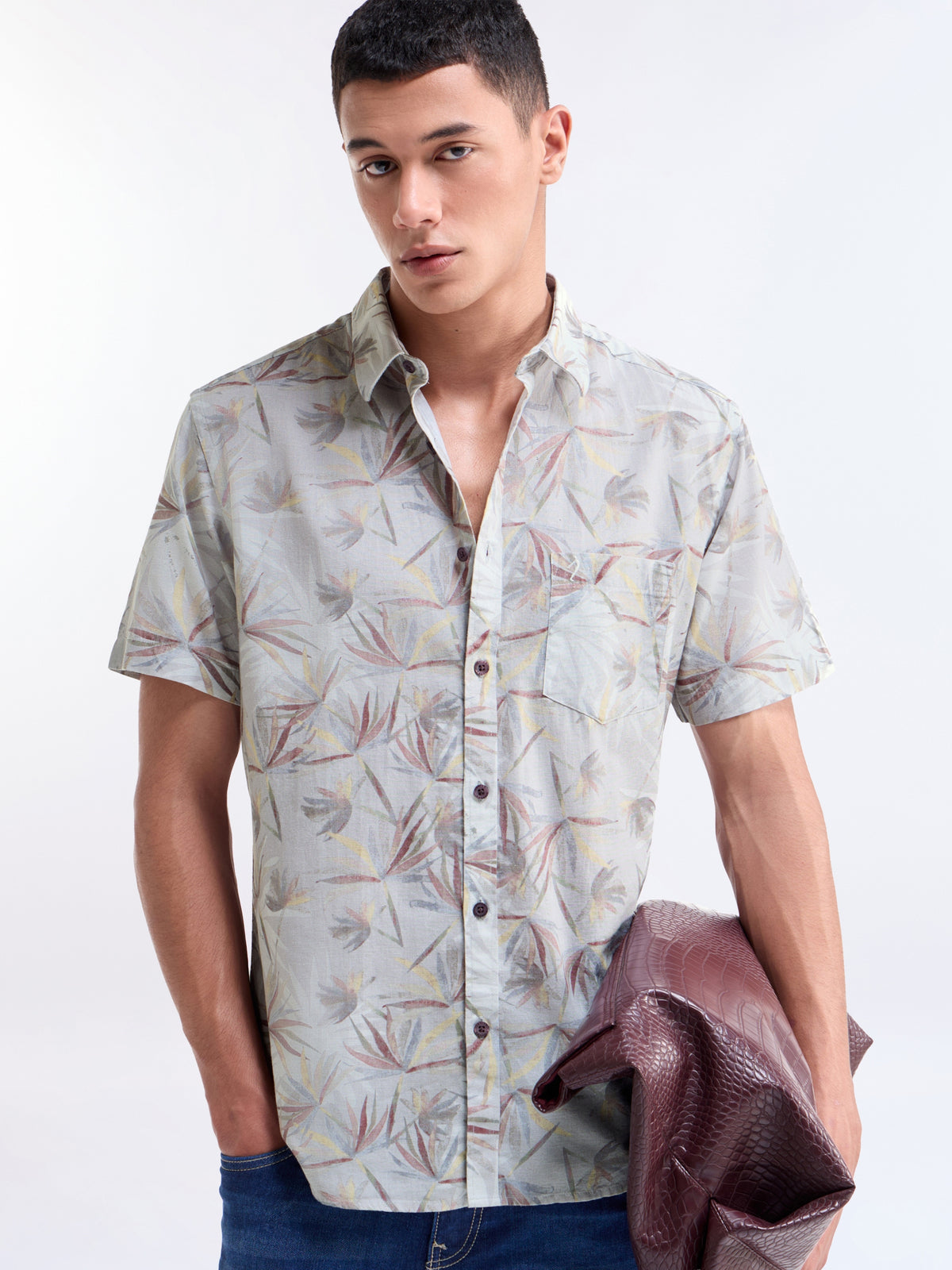 Light Grey Printed Regular Fit Shirt - Light Grey t4option_0