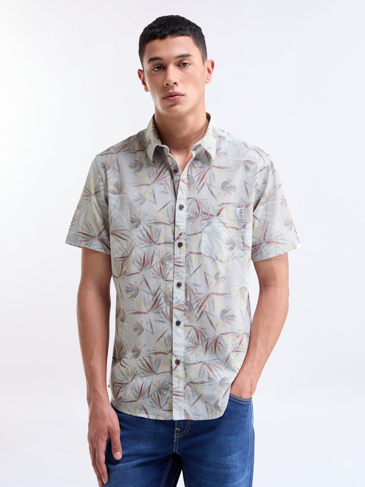 Light Grey Printed Regular Fit Shirt - Light Grey t4option_0