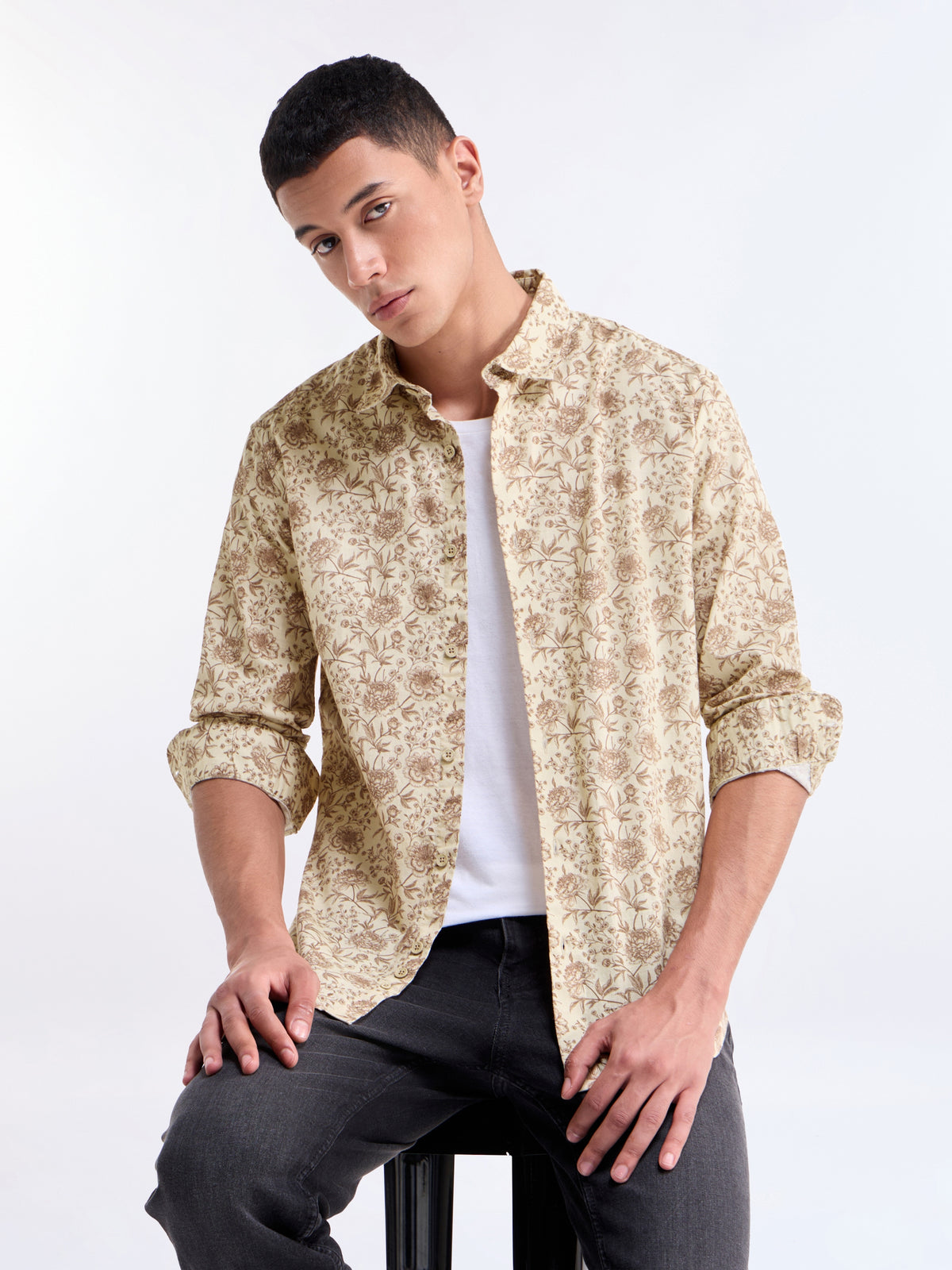 Ecru Printed Regular Fit Shirt - Ecru t4option_0