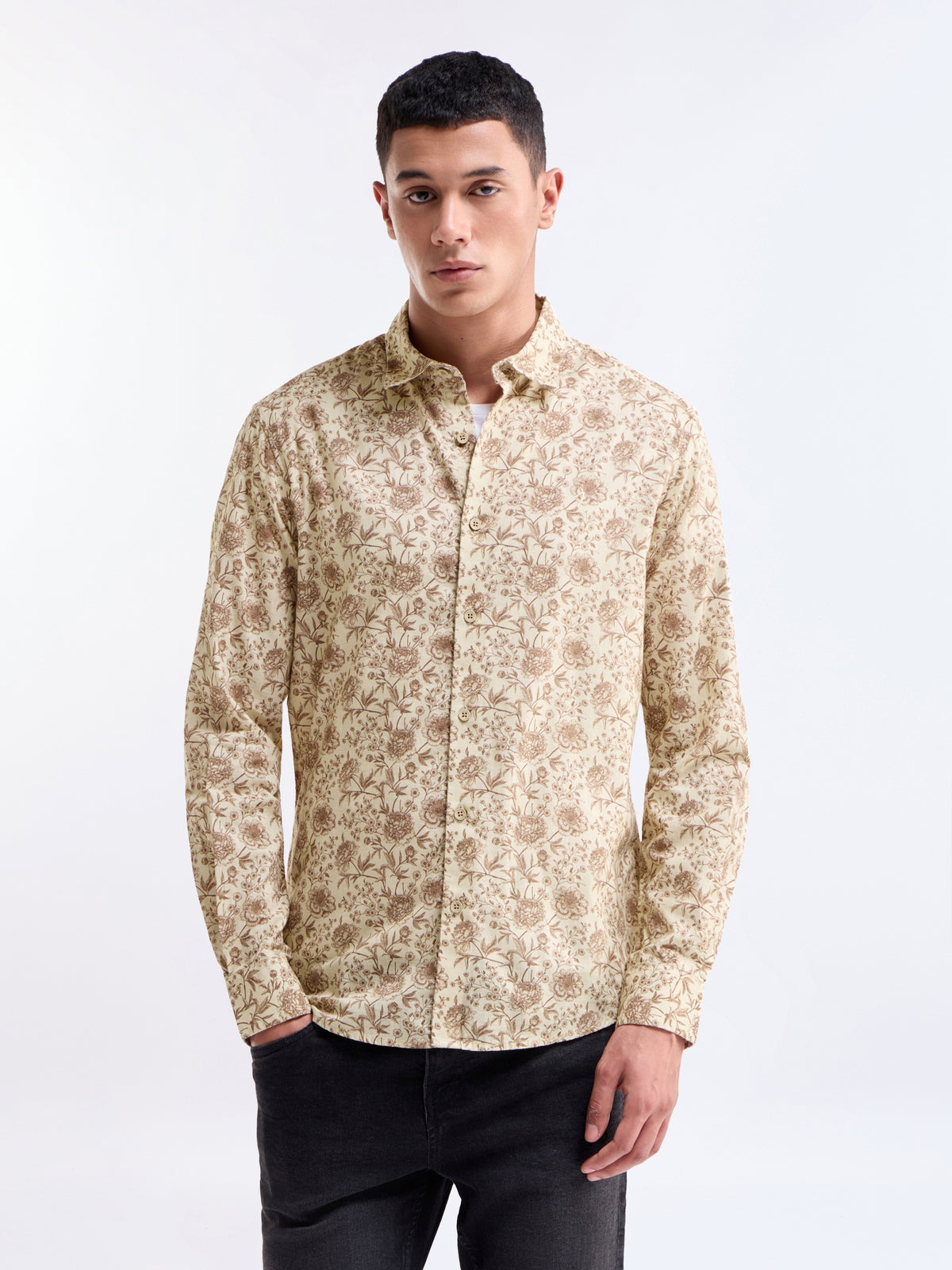 Ecru Printed Regular Fit Shirt - Ecru t4option_0