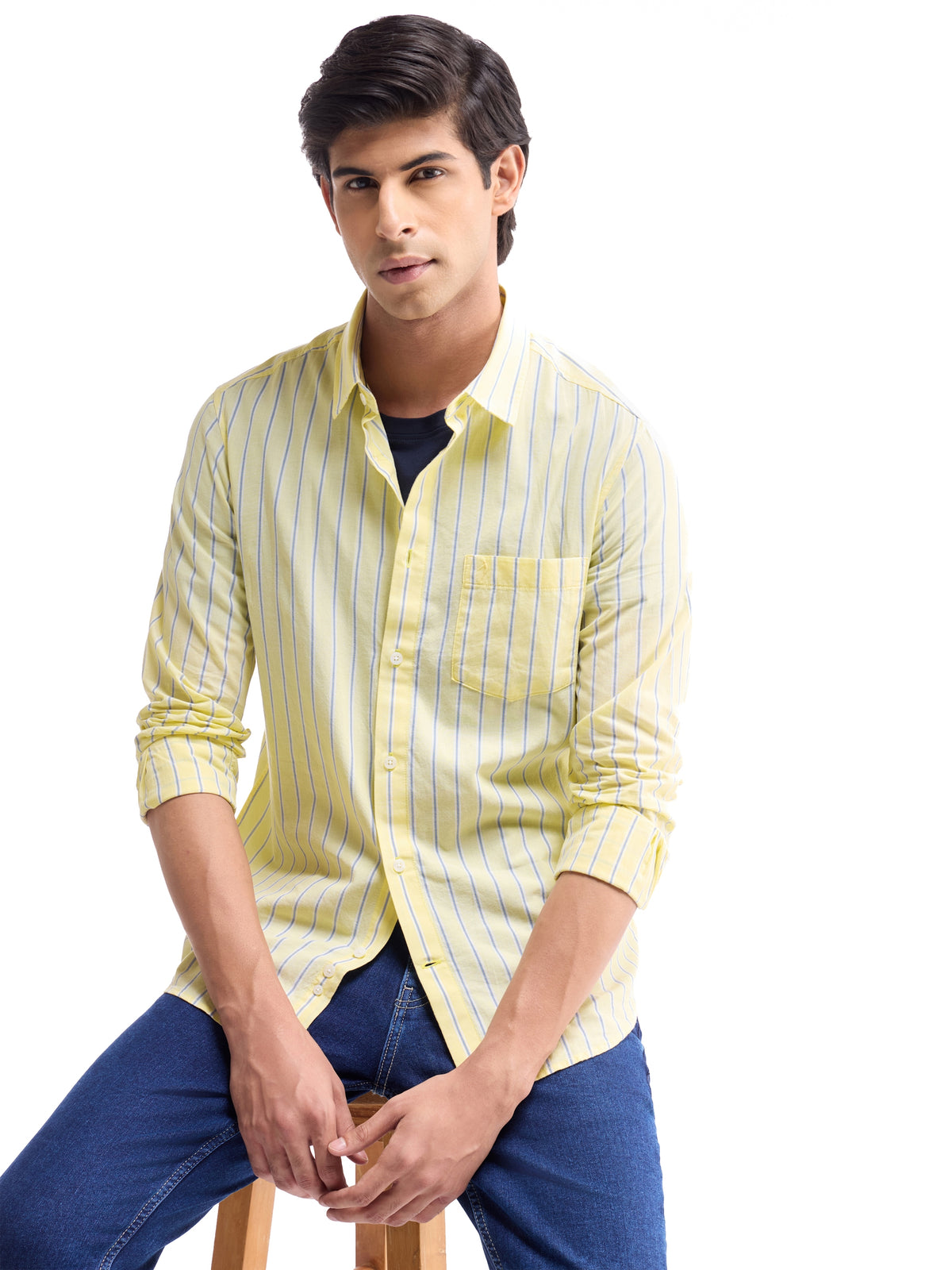 Yellow Striped Regular Fit Shirt - Yellow t4option_0