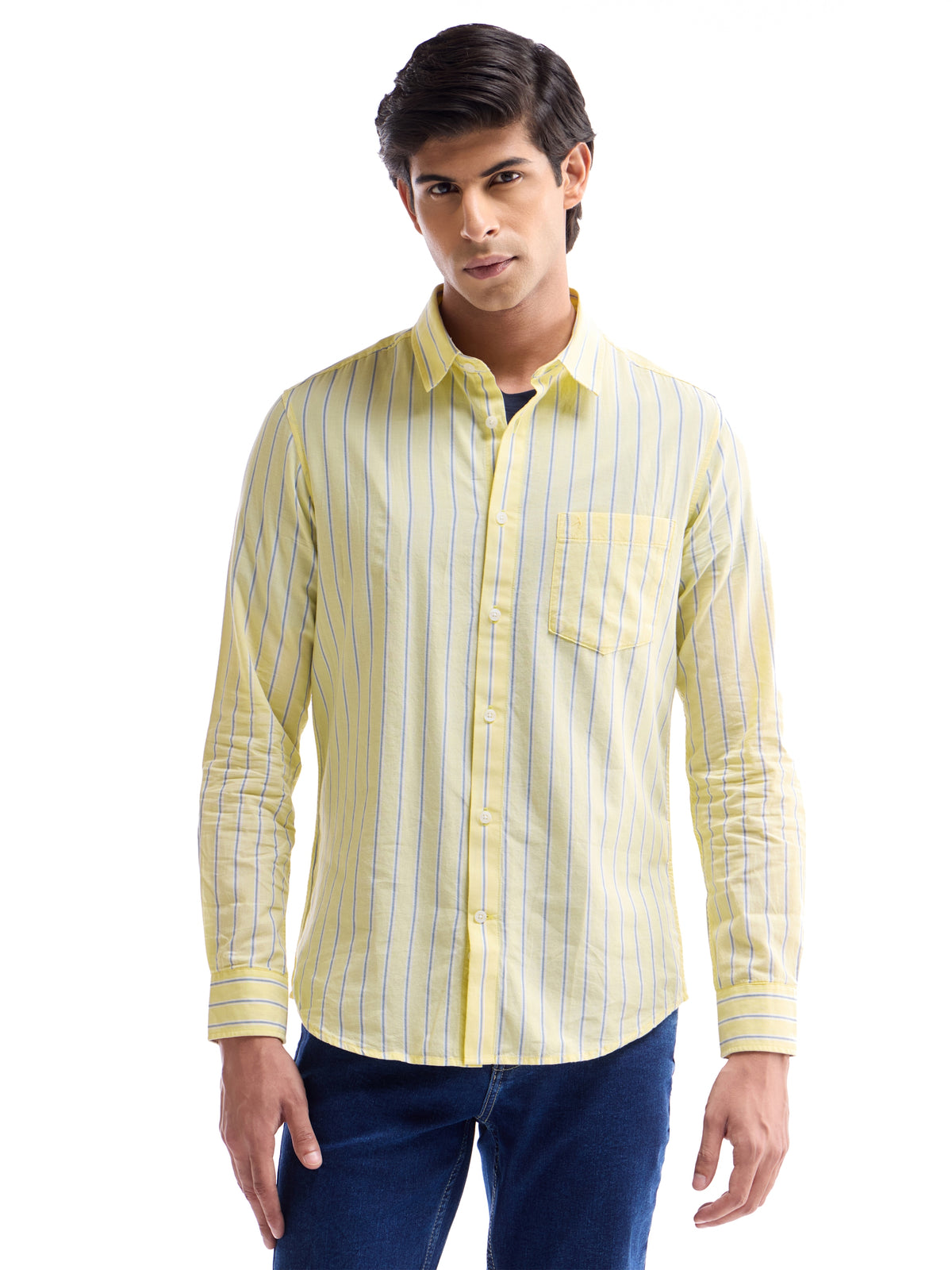 Yellow Striped Regular Fit Shirt - Yellow t4option_0