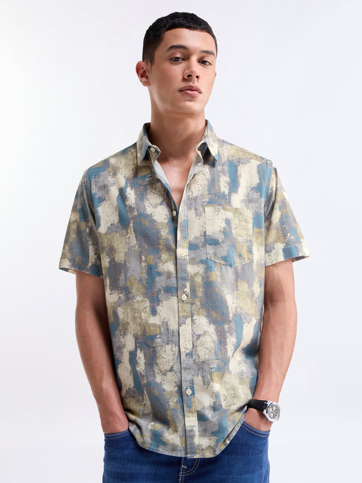 Olive Printed Regular Fit Shirt - Olive t4option_0