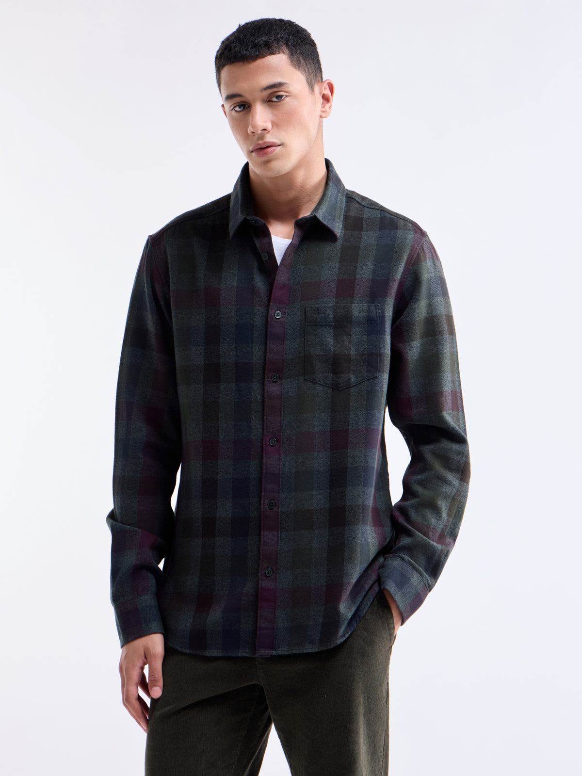 Olive check Regular Fit Shirt - Olive t4option_0