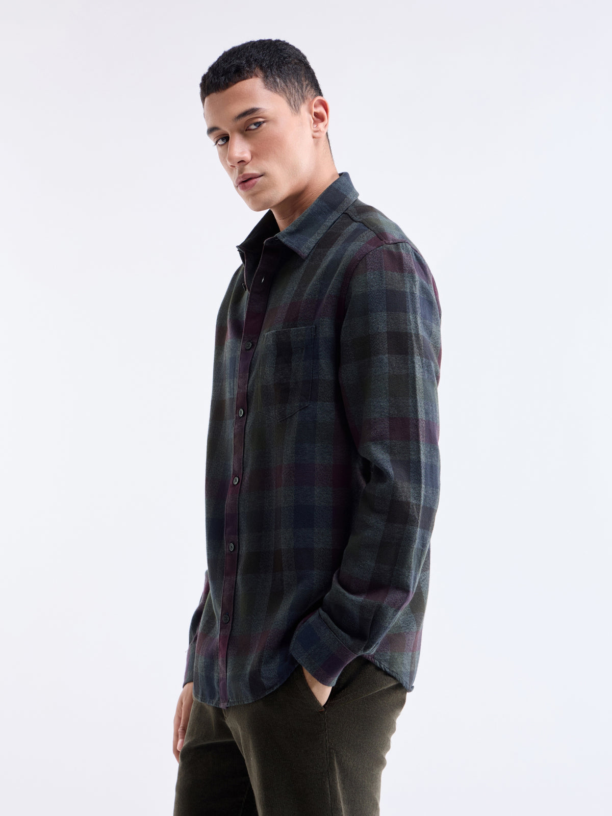 Olive check Regular Fit Shirt - Olive t4option_0