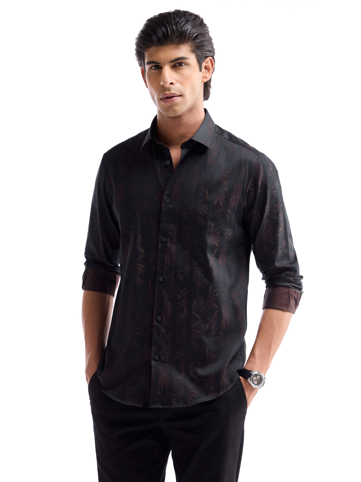Brown Jacquard Regular Fit Shirt - Brown t4option_0