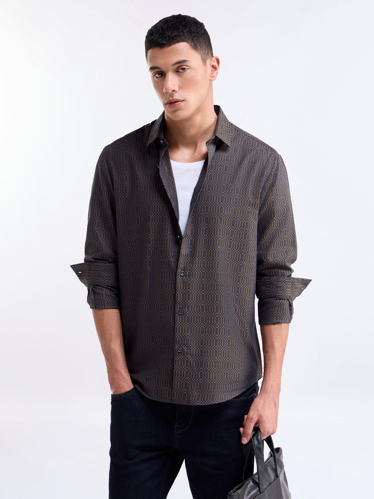 Brown Jacquard Regular Fit Shirt - Brown t4option_0