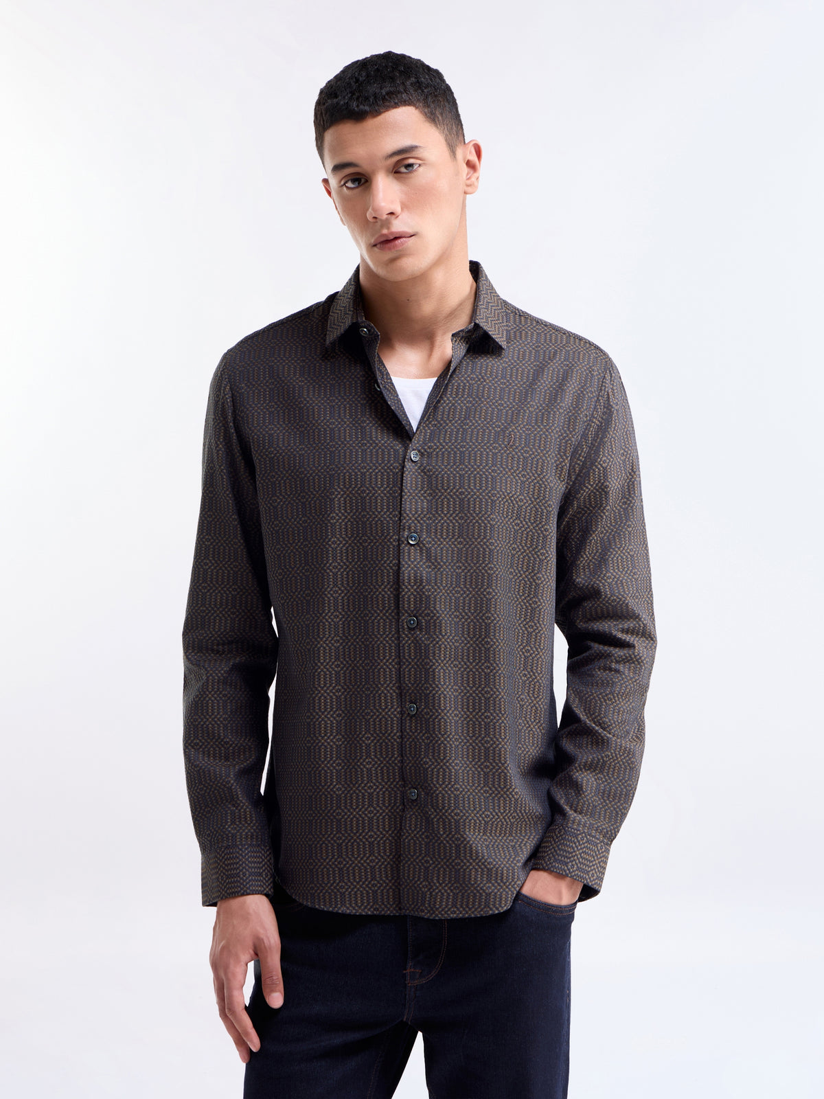 Brown Jacquard Regular Fit Shirt - Brown t4option_0
