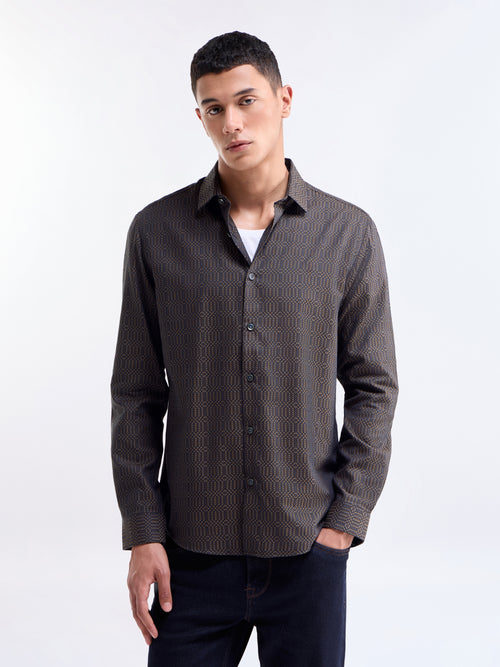 Brown Jacquard Regular Fit Shirt - Brown t4option_0